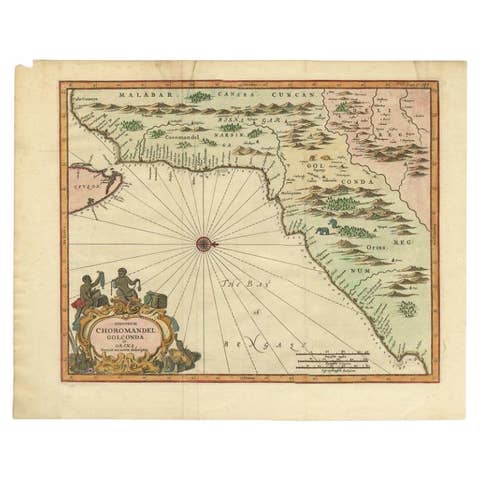 Antique Map of Choromandel, Golconda and Orixa, Malabar, India, 1744