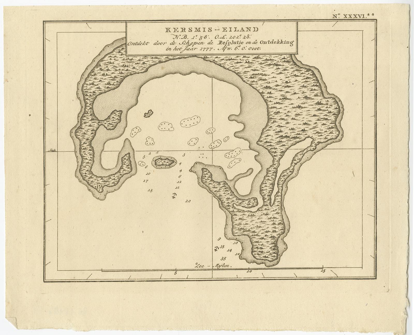 Antique map Kiribati titled 'Kersmis-Eiland'. Antique map of Christmas Island, also known as Kiritimati. Originates from 'Reizen Rondom de Waereld door James Cook (..)'. 

Kiritimati (sometimes referred to as Christmas Island) is a Pacific Ocean