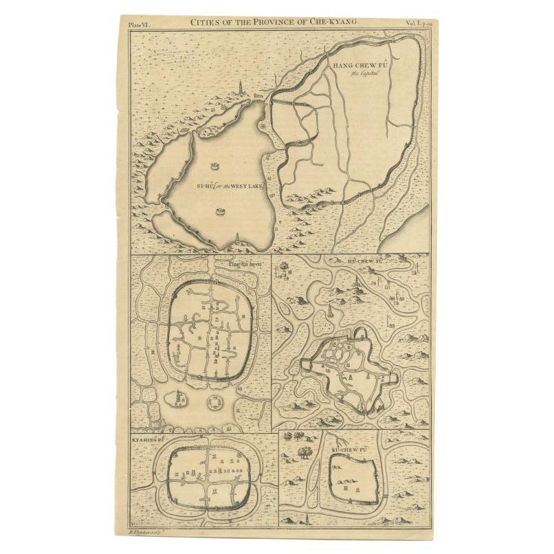 Antique Map of Cities of the Province of Che-Kyang in China, 1738 For Sale