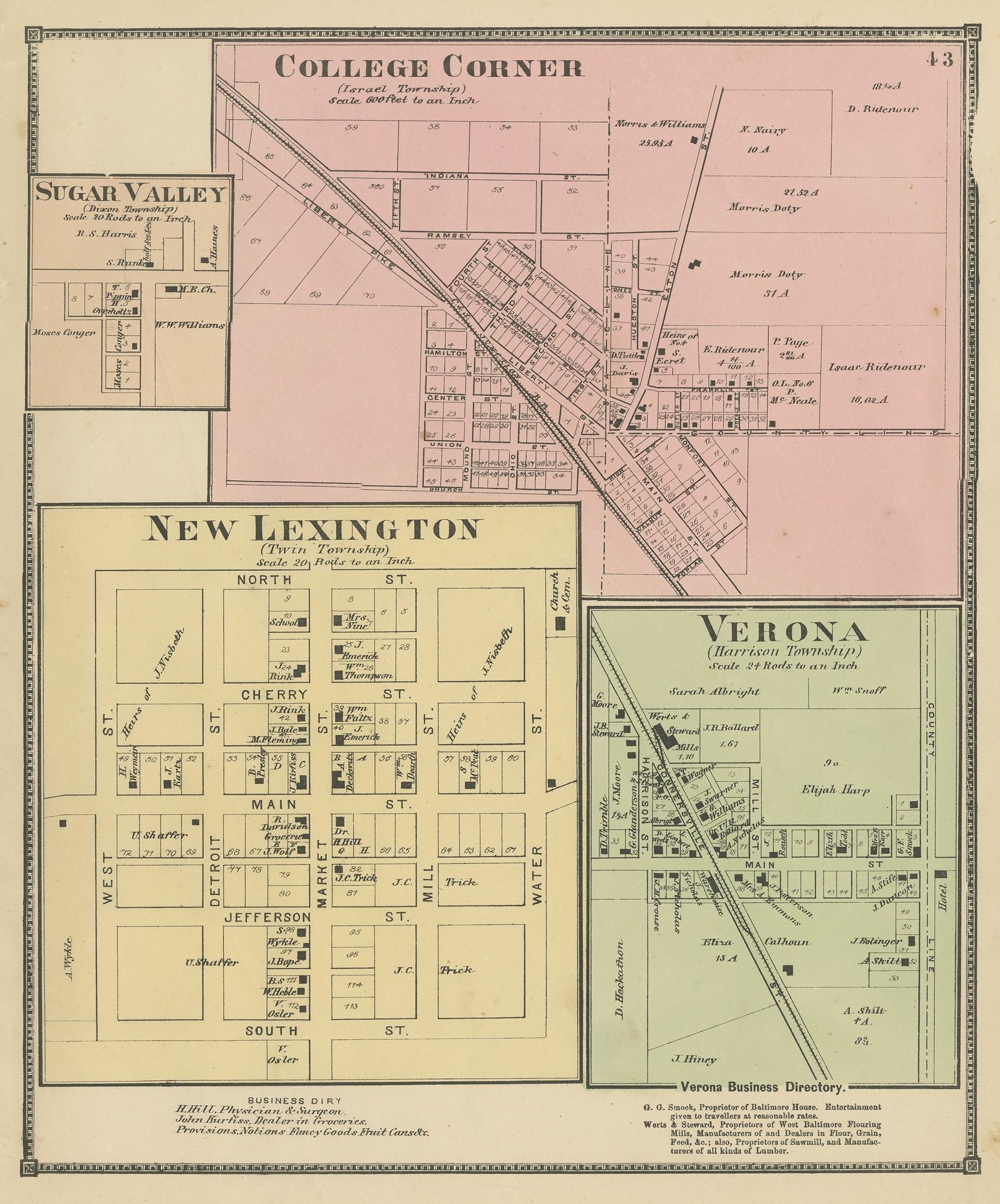 Antique map titled 'College Corner, Sugar Valley, New Lexington, Verona'. Original antique map of villages and communities of Ohio. This map originates from 'Atlas of Preble County Ohio' by C.O. Titus. Published 1871.