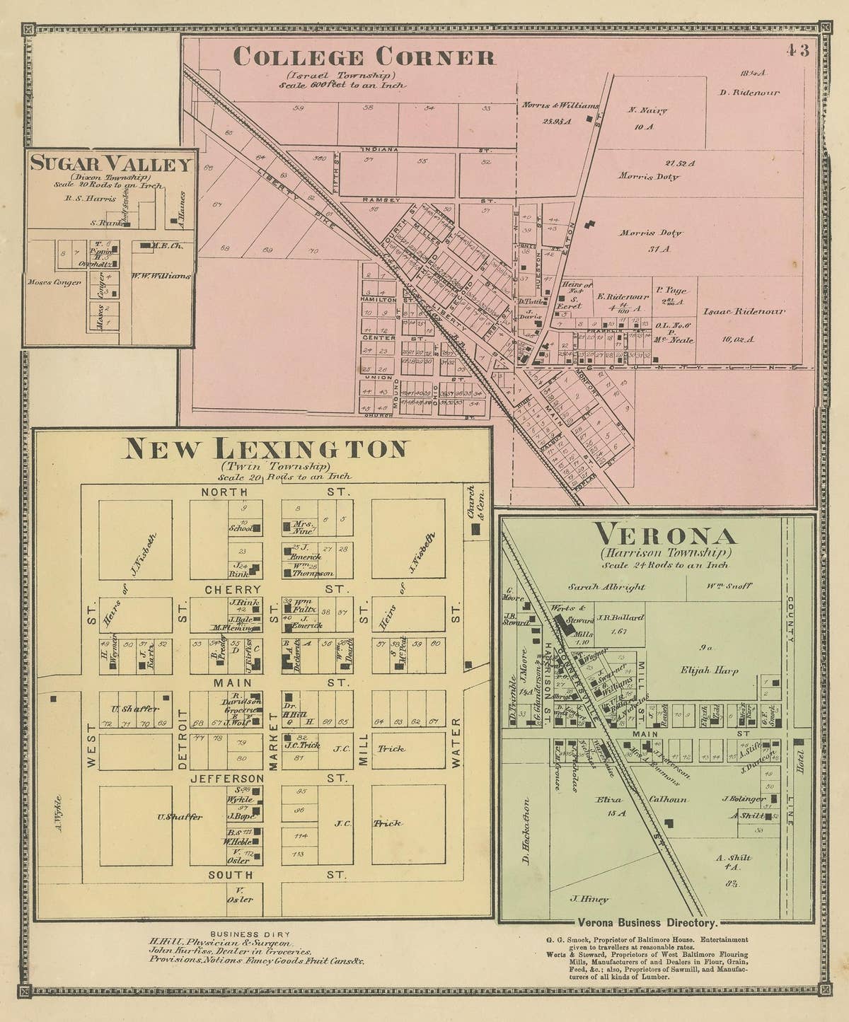 Antique Map of College Corner, Sugar Valley, New Lexington & Verona '1871'