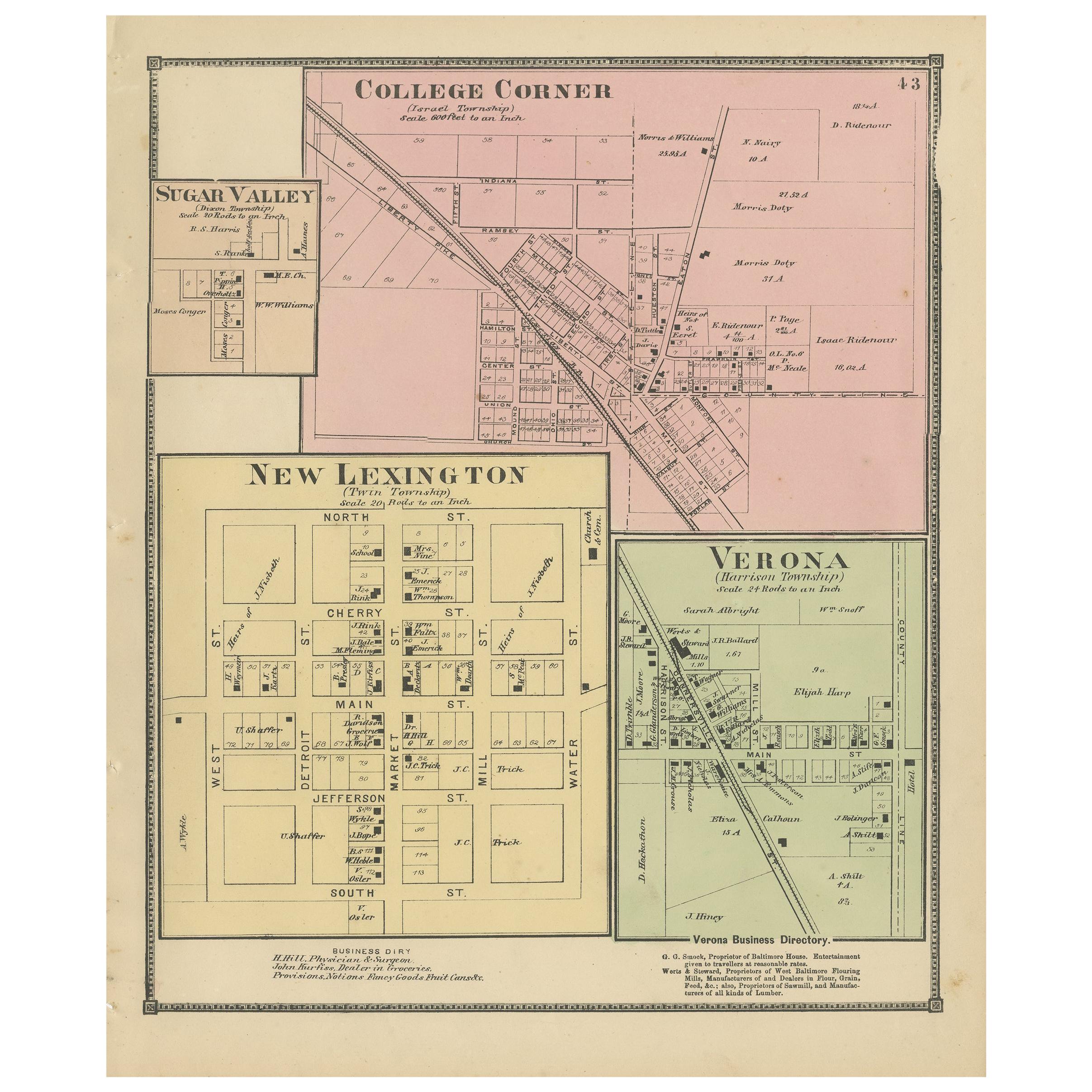 Antique Map of College Corner, Sugar Valley, New Lexington & Verona '1871'