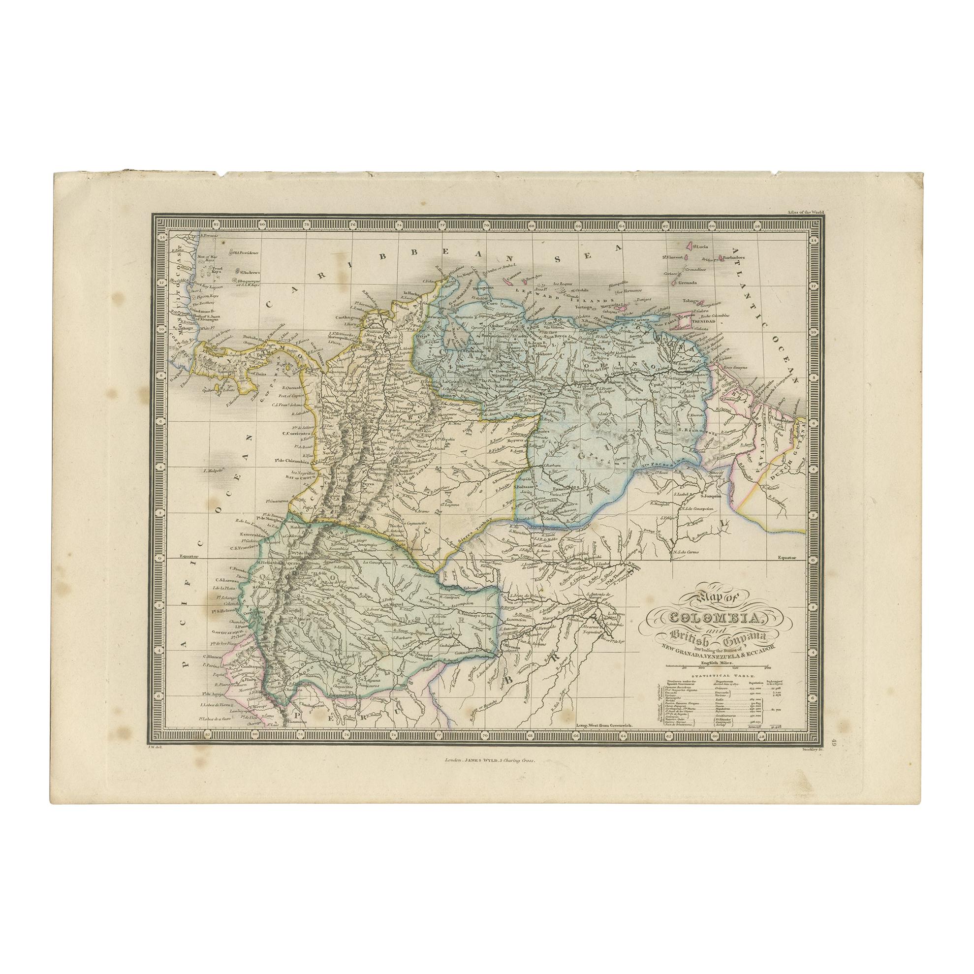 Antique Map of Colombia and British Guiana by Wyld '1845'