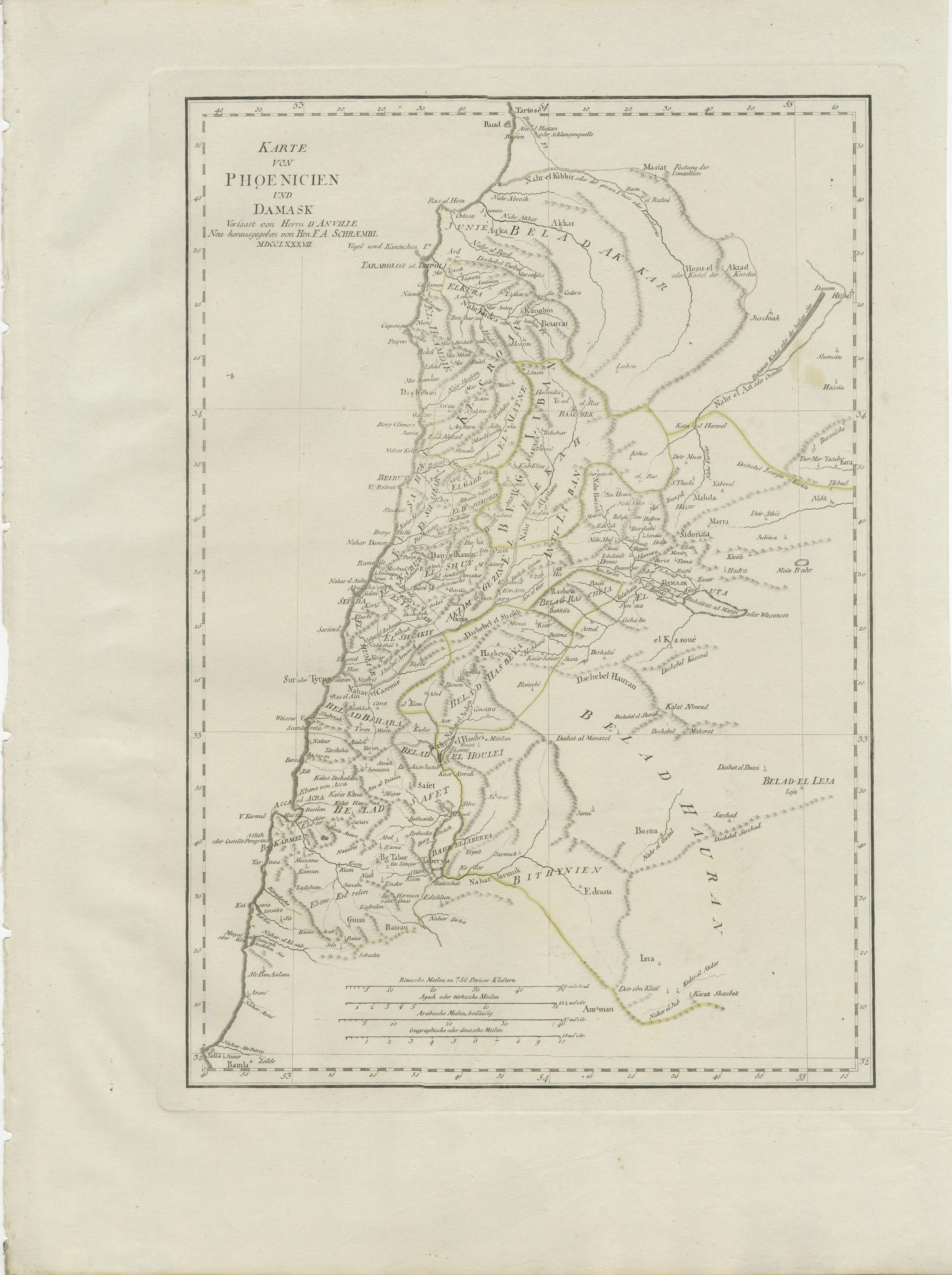 Antique map titled 'Karte von Phoenicien und Damask'. Original old map of contemporary Phoenicia and Damascus, with northern Palestine. Phoenicia was an ancient thalassocratic civilization originating in the Levant region of the eastern