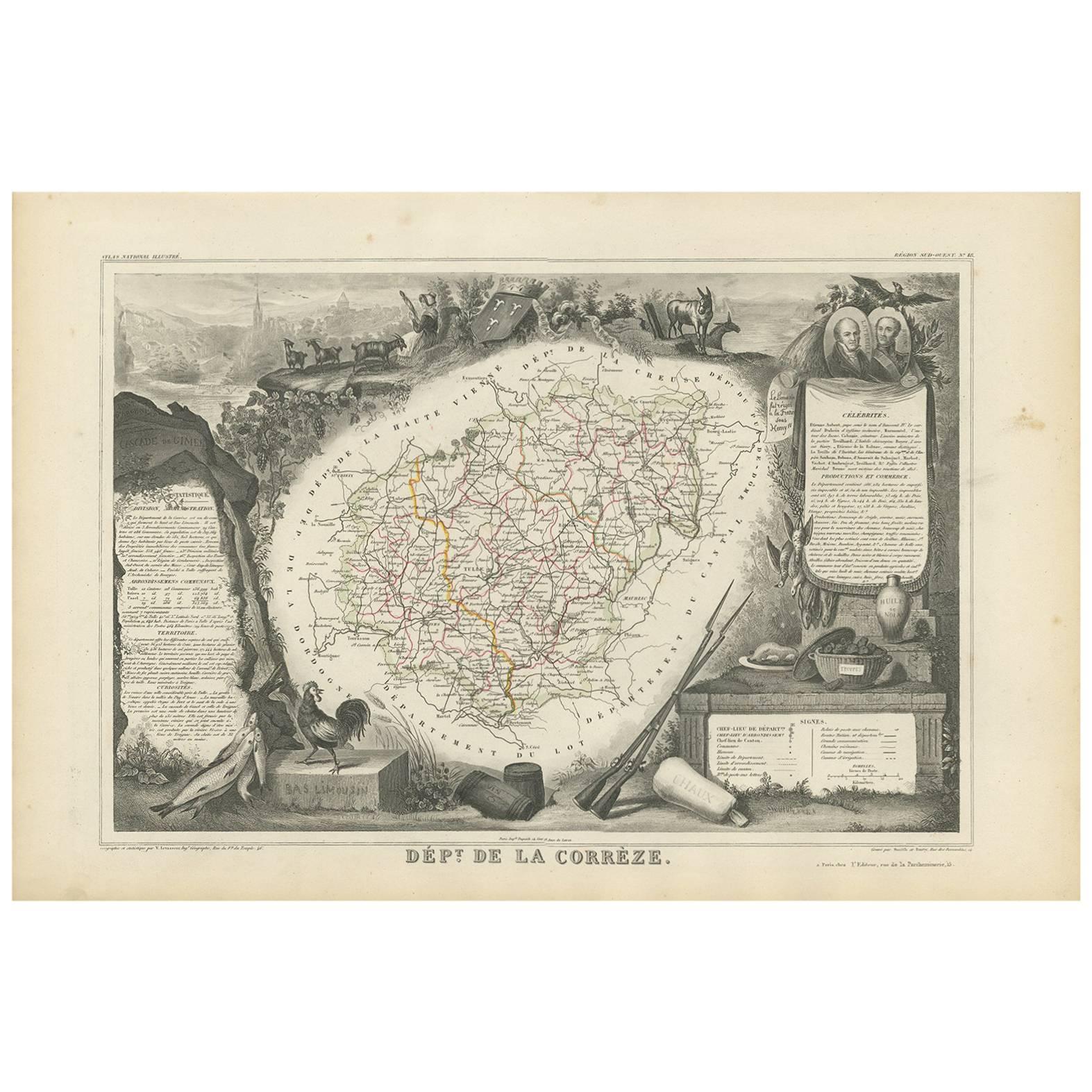 Antique Map of Corrèze ‘France’ by V. Levasseur, 1854