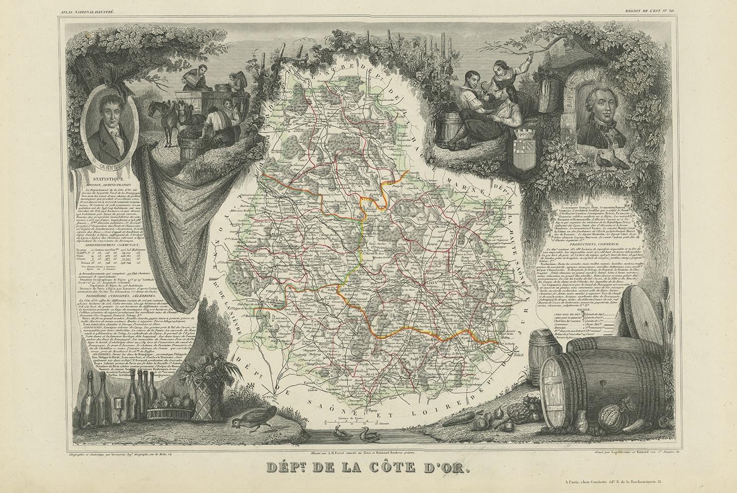 Antique map titled 'Dépt. de la Côte d'Or'. Map of the French department of Cote D’Or, France. Part of France's Burgundy or Bourgogne wine region, a premier wine-growing region of France. It produces what are arguably the world’s finest, and most