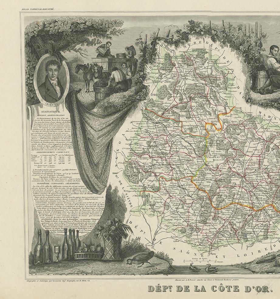 Carte ancienne de Côte d'Or 'France' par V. Levasseur:: 1854 Bon état - En vente à Langweer, NL
