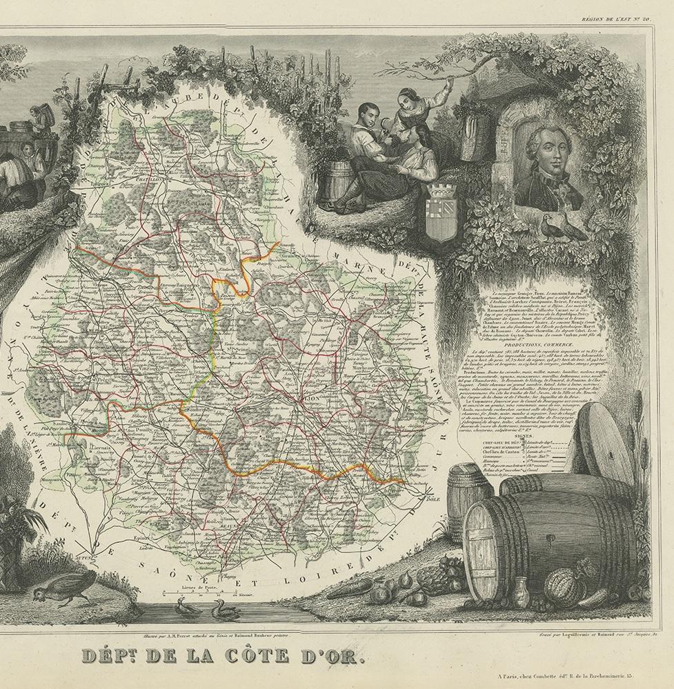 XIXe siècle Carte ancienne de Côte d'Or 'France' par V. Levasseur:: 1854 en vente