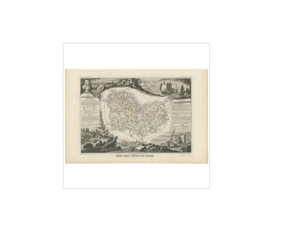 Antique map titled 'Dépt. des Côtes du Nord'. Map of the French department of Cotes du Nord, a maritime region in Brittany, France. The whole is surrounded by elaborate decorative engravings designed to illustrate both the natural beauty and trade