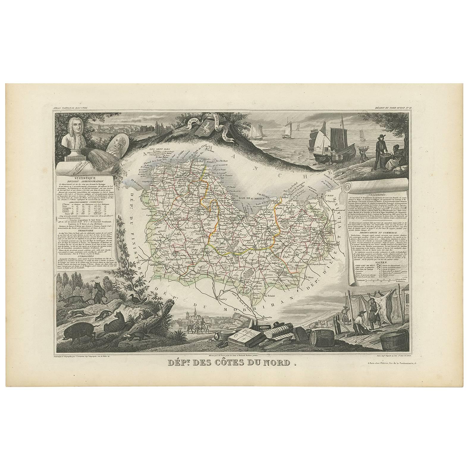 Carte ancienne des Côtes du Nord « France » de V. Levasseur, 1854