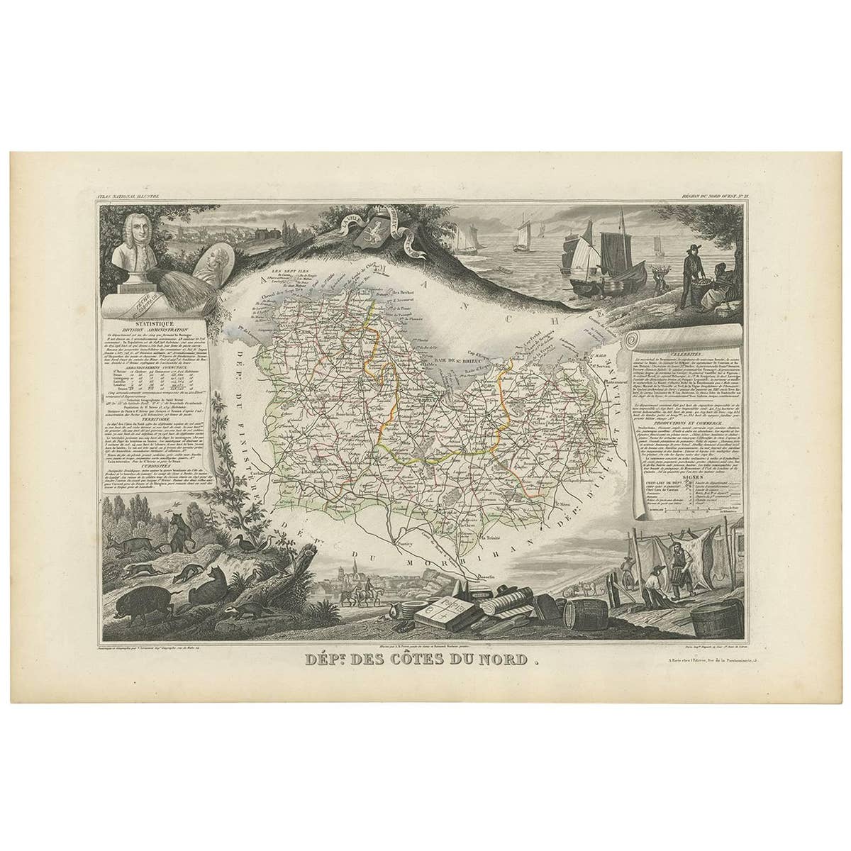 Antique Map of Côtes du Nord ‘France’ by V. Levasseur, 1854