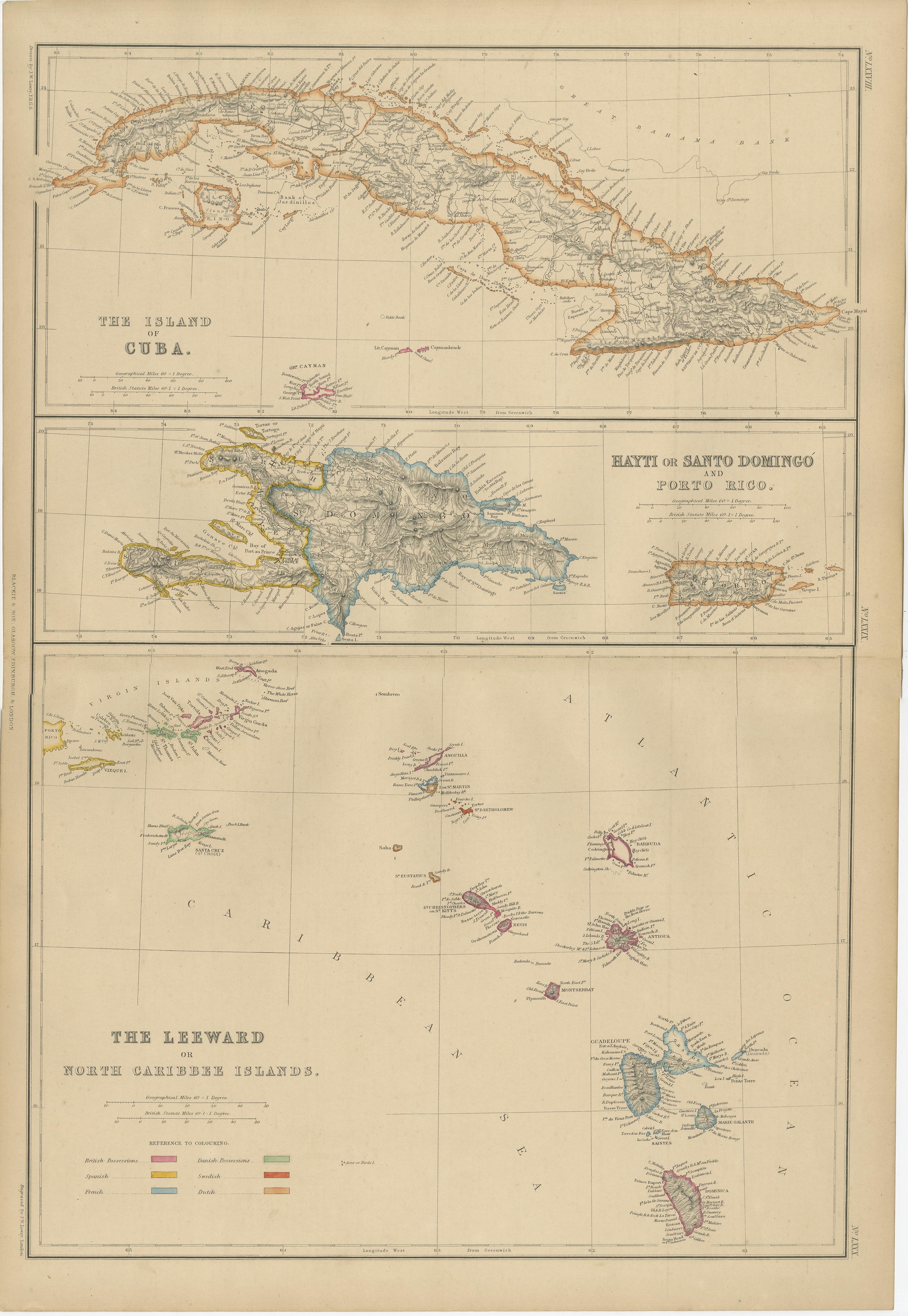 Antique map titled 'The Leeward or North Caribbean Islands'. Original antique map of Cuba, Haiti and Porto Rico. This map originates from ‘The Imperial Atlas of Modern Geography’. Published by W. G. Blackie, 1859.