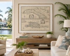 Antique Map of Cuba & Hispaniola, Caribbean Sea Chart by Bowen, 1744