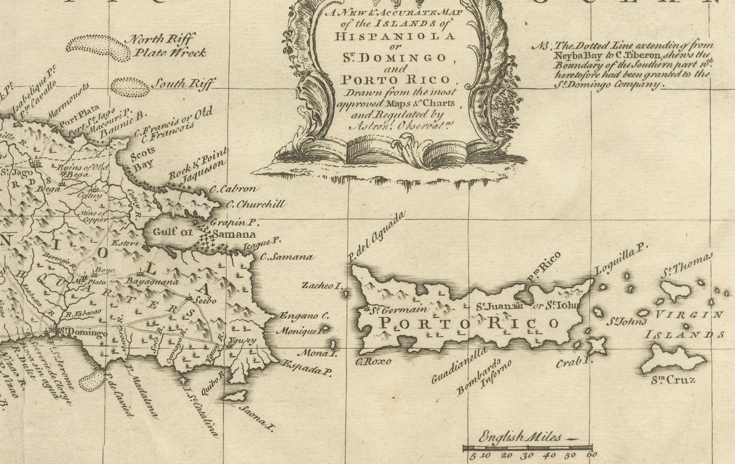 Antique Map of Cuba & Hispaniola, Caribbean Sea Chart by Bowen, 1744