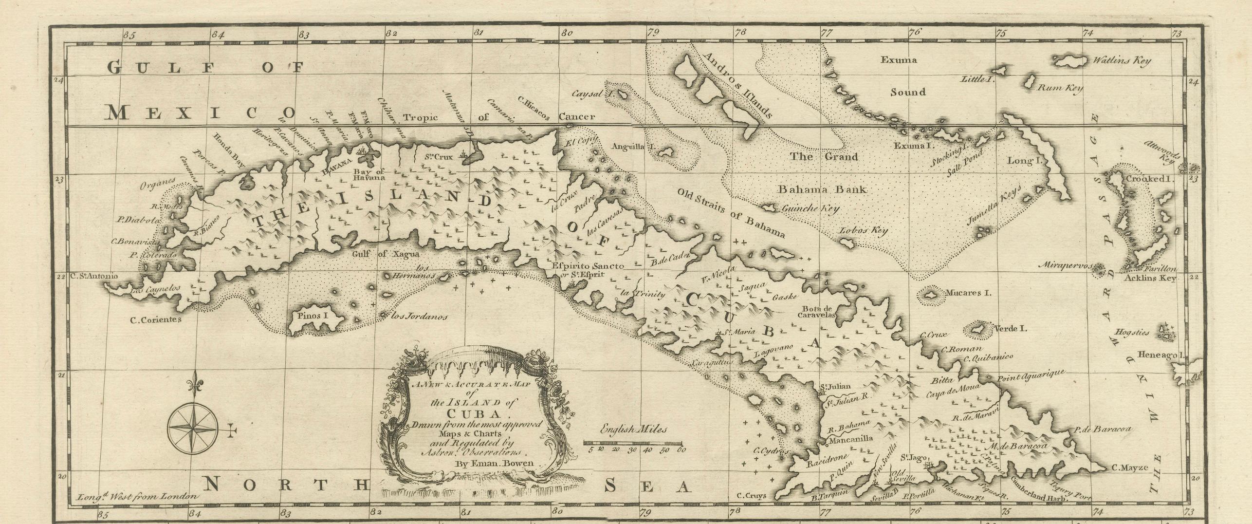 Antique Map of Cuba & Hispaniola, Caribbean Sea Chart by Bowen, 1744