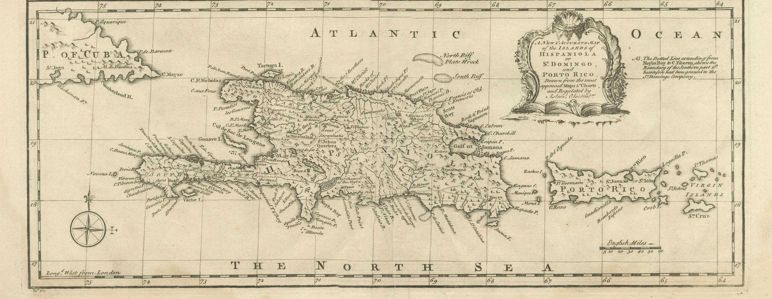 Antique Map of Cuba & Hispaniola, Caribbean Sea Chart by Bowen, 1744