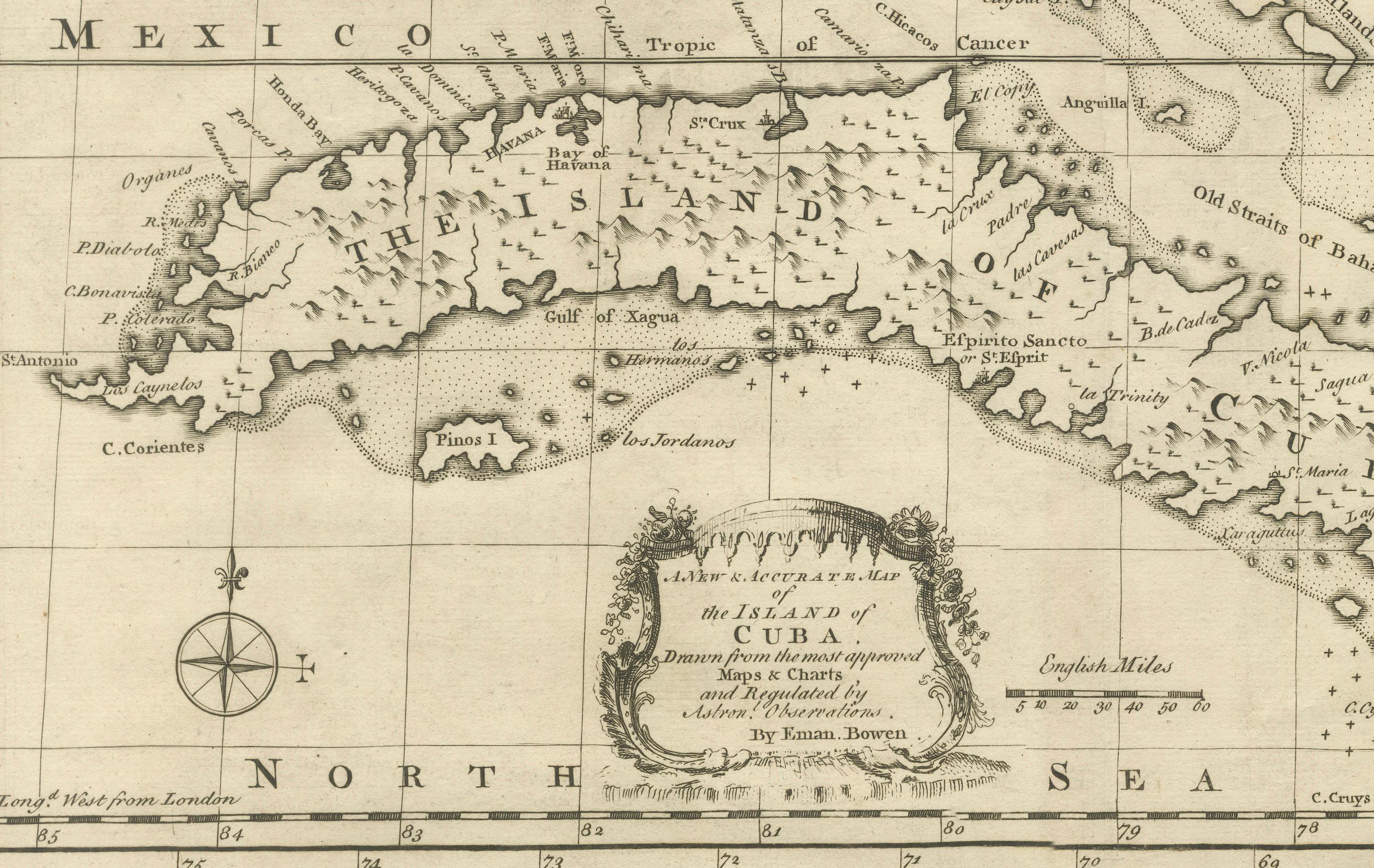 Antique Map of Cuba & Hispaniola, Caribbean Sea Chart by Bowen, 1744