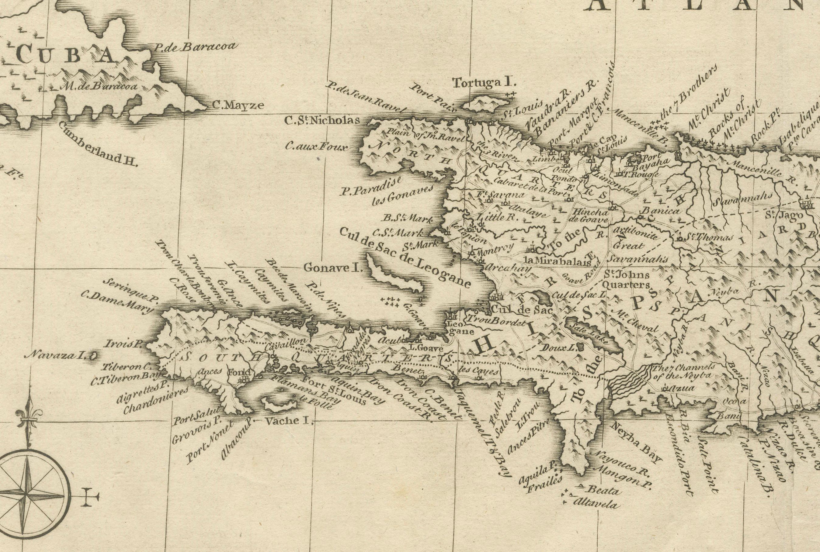 Antique Map of Cuba & Hispaniola, Caribbean Sea Chart by Bowen, 1744