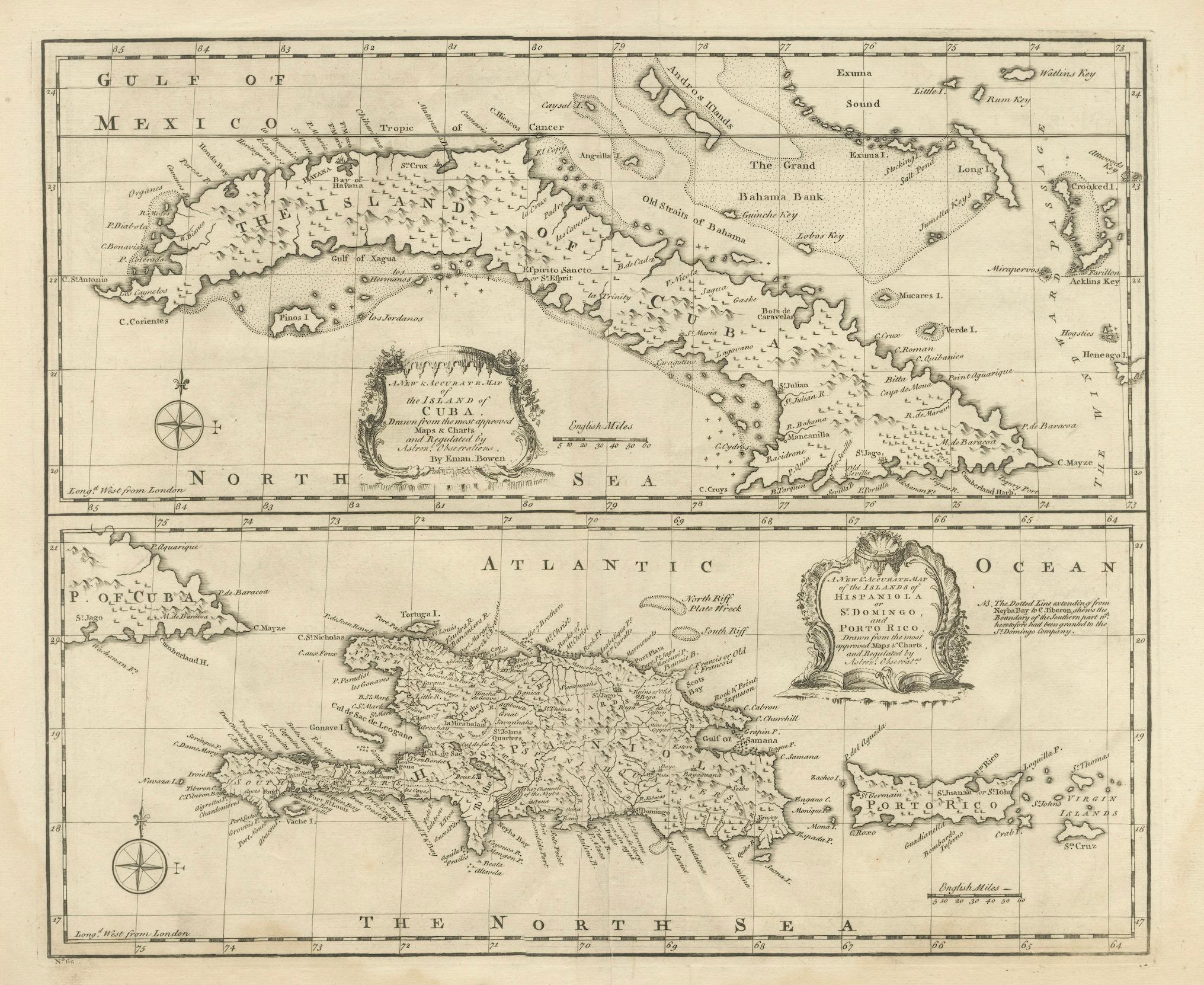 Antique Map of Cuba & Hispaniola, Caribbean Sea Chart by Bowen, 1744