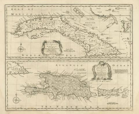 Antique Map of Cuba & Hispaniola, Caribbean Sea Chart by Bowen, 1744