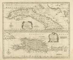 Antique Map of Cuba & Hispaniola, Caribbean Sea Chart by Bowen, 1744