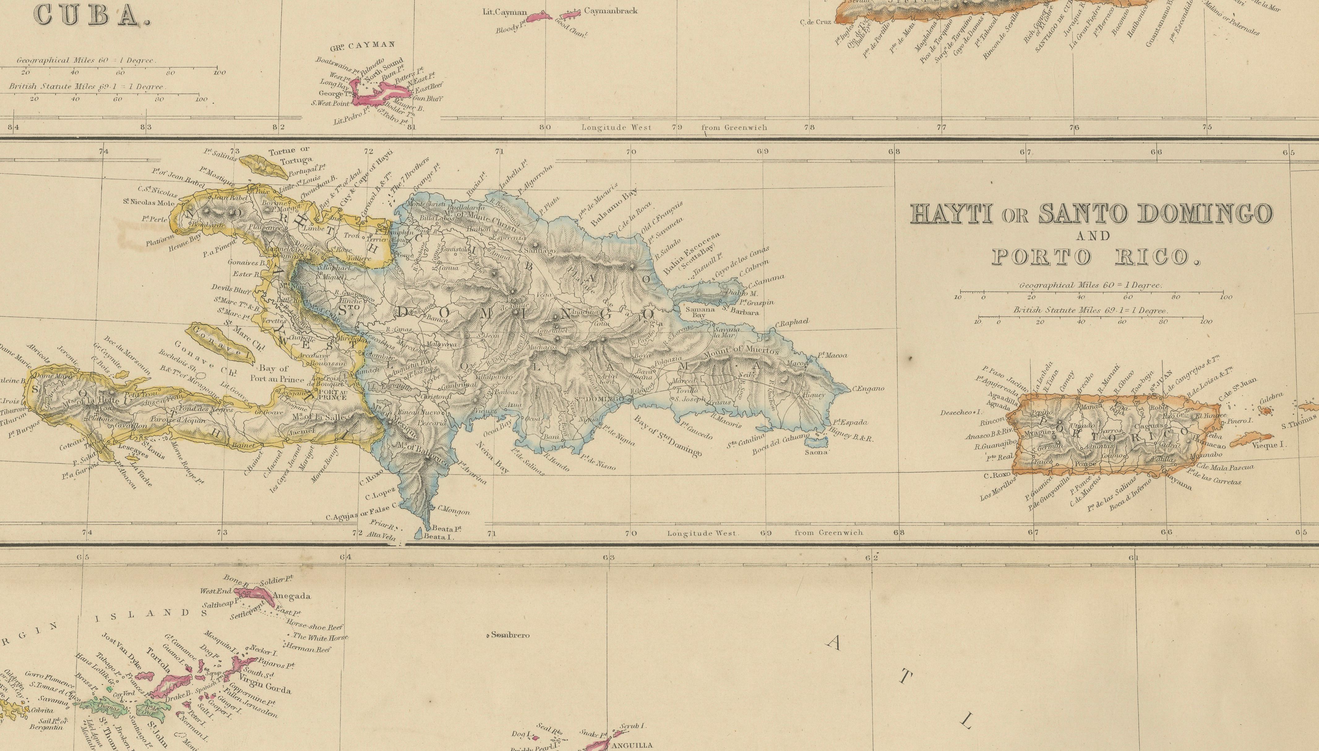 Antique Map of Cuba, Hispaniola, Puerto Rico and the Leeward Islands, 1860