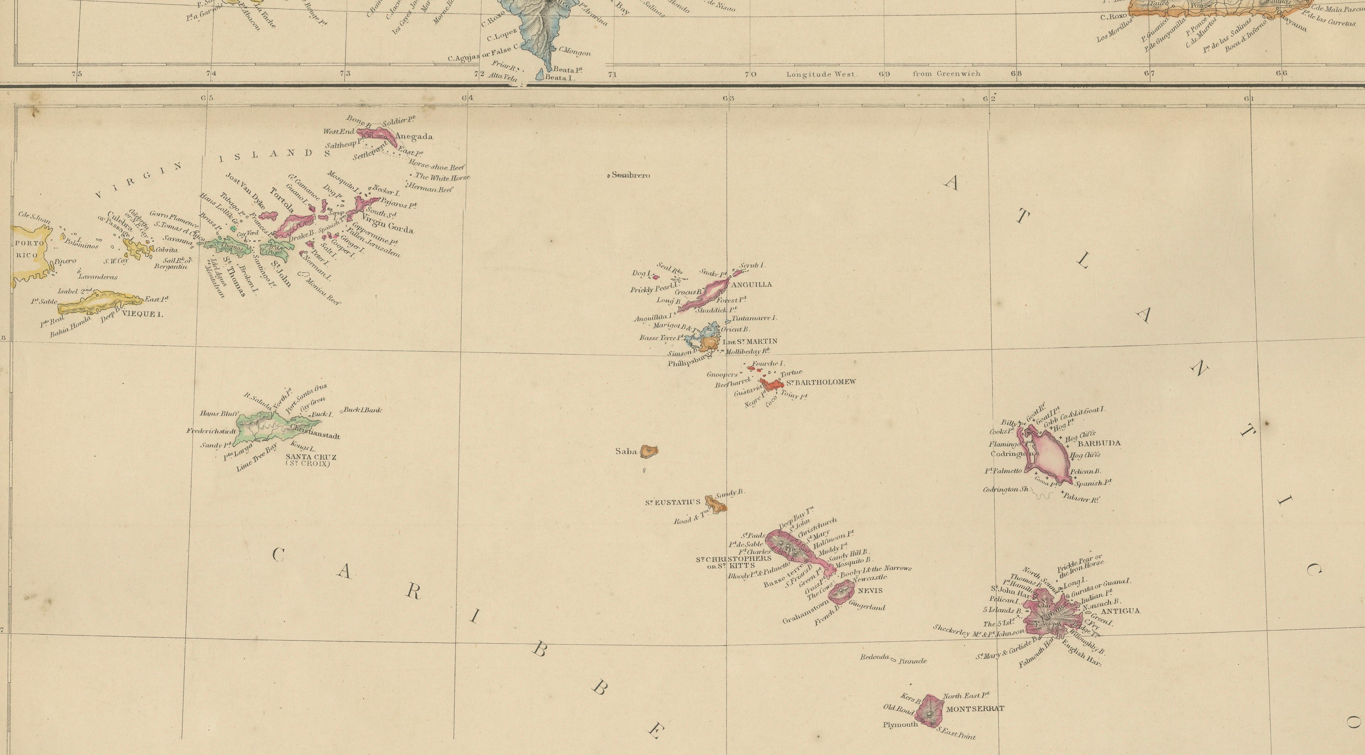 Antique Map of Cuba, Hispaniola, Puerto Rico and the Leeward Islands, 1860