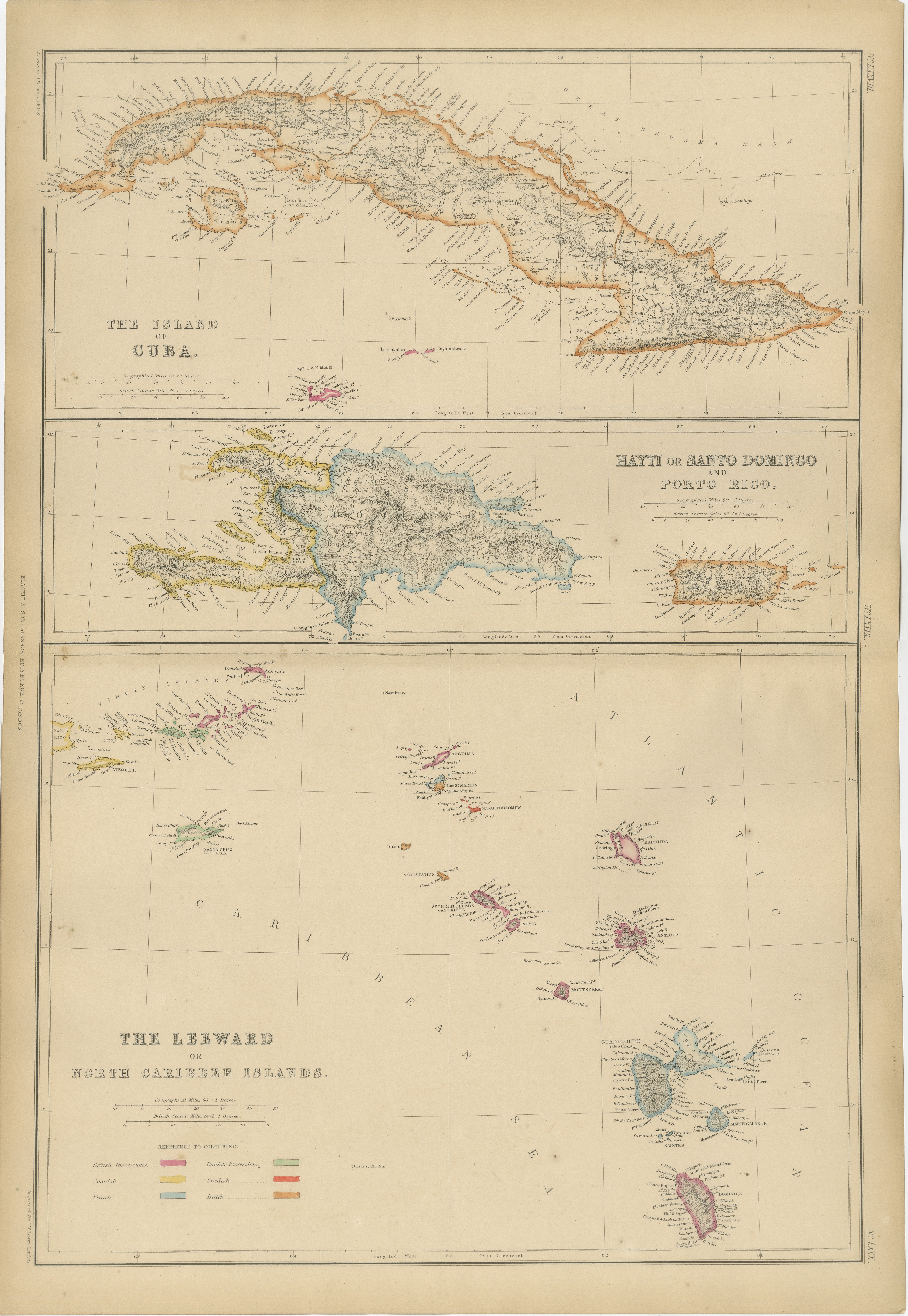 Mapa antiguo de Cuba, La Española, Puerto Rico y las Islas de Sotavento, 1860