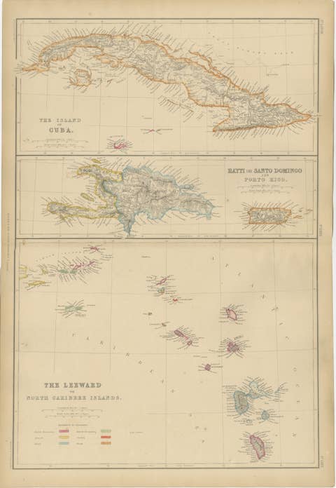 Antique Map of Cuba, Hispaniola, Puerto Rico and the Leeward Islands, 1860