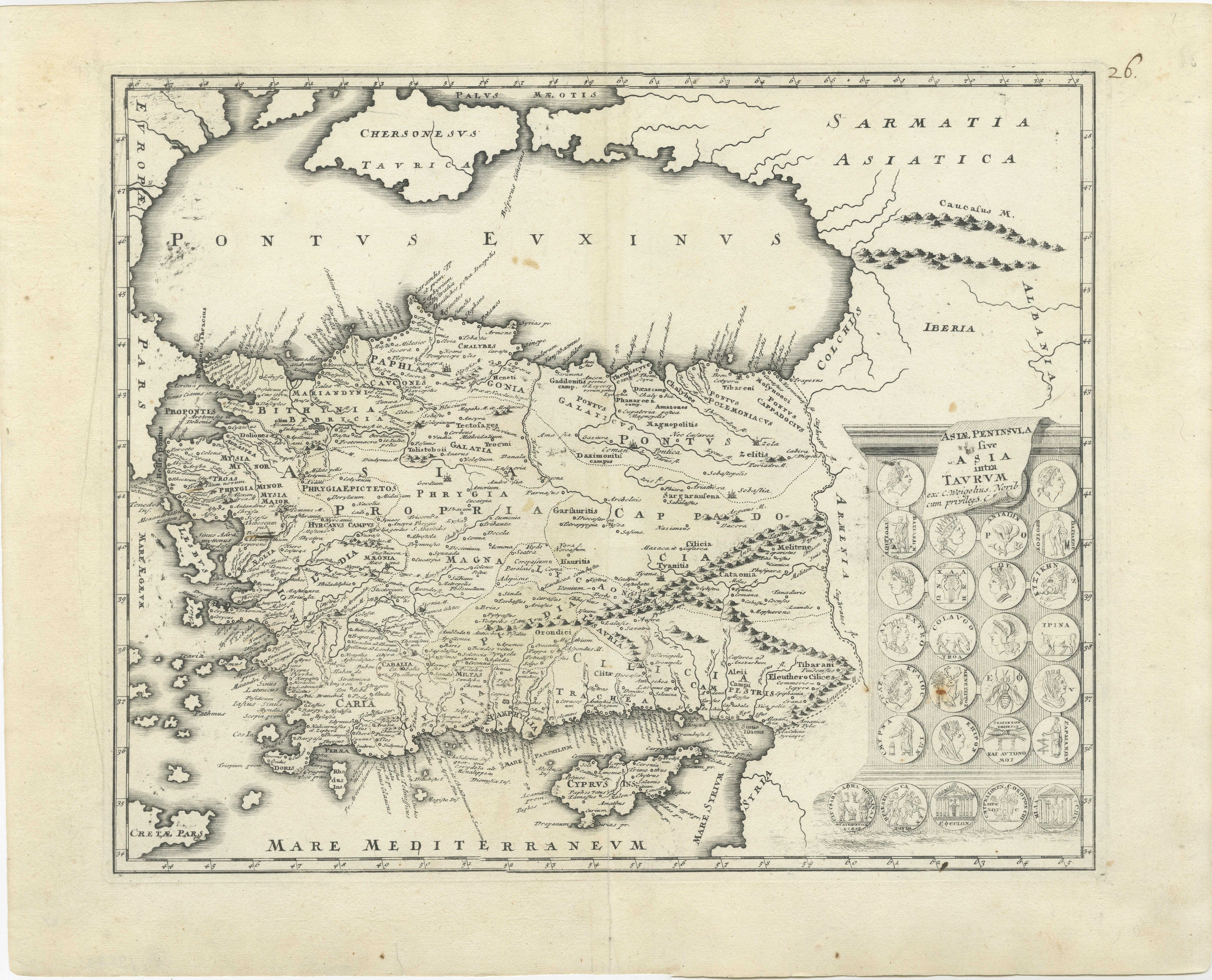 Antique map titled 'Asiae Peninsula sive Asia intra Taurum'. Decorative map of Cyprus and Asia Minor, featuring the geographical features known to the ancients and decorated with a vignettes and 27 medallions. Published by Christoph Weigel, circa