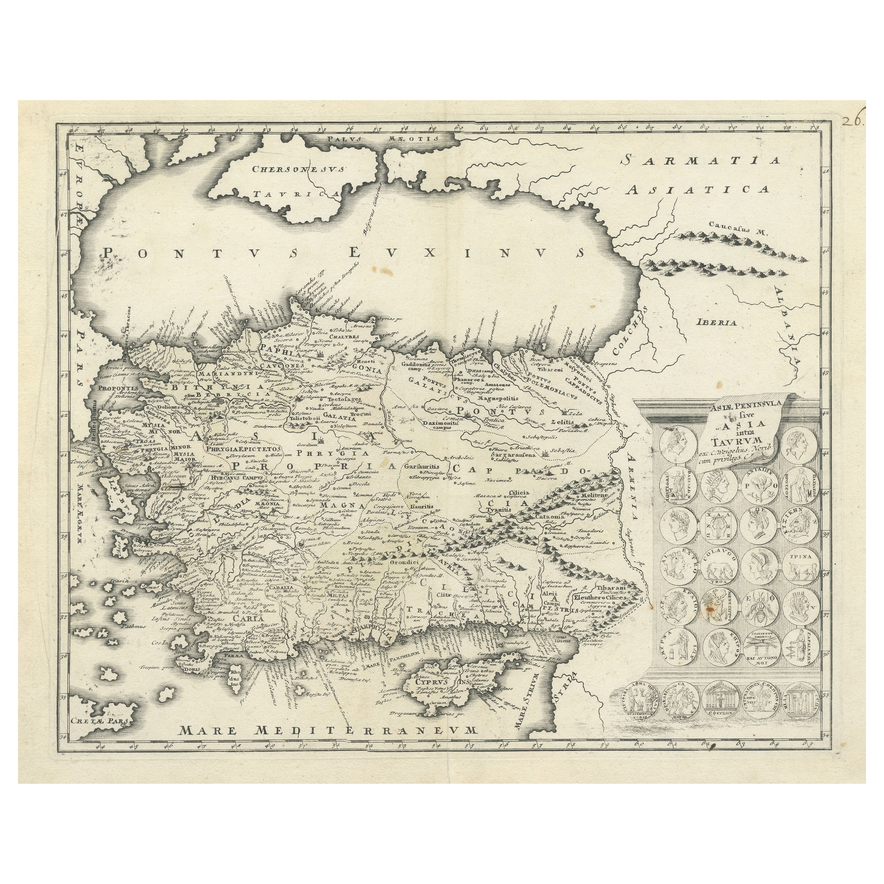 Carta geografica antica di Cipro e dell'Asia Minore con medaglioni e vignette
