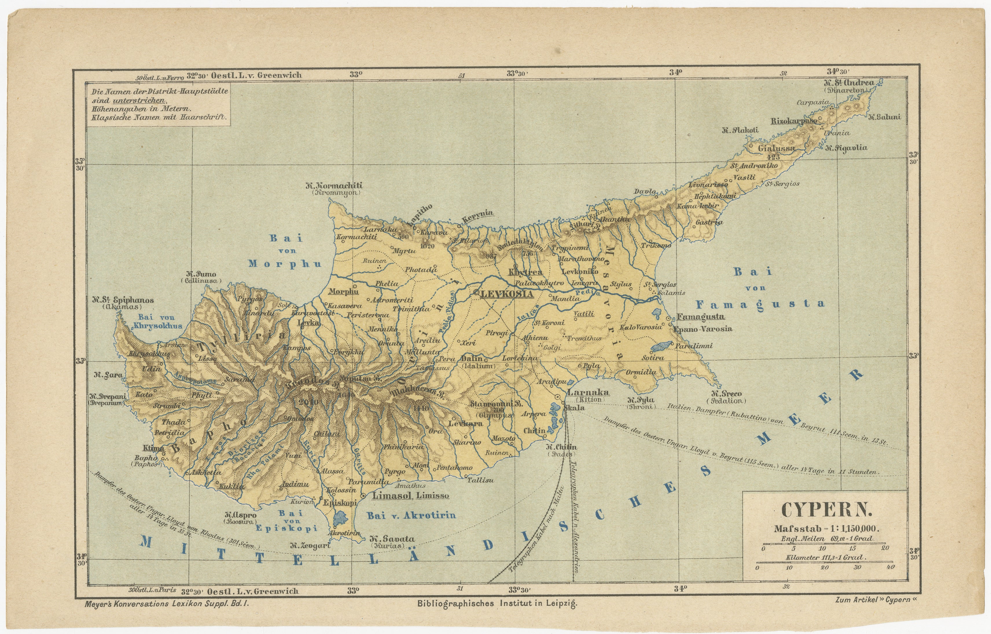 Mapa antiguo de Chipre (Cypern) del Lexikon de Meyer, Leipzig, hacia 1890

Este mapa antiguo finamente detallado titulado 