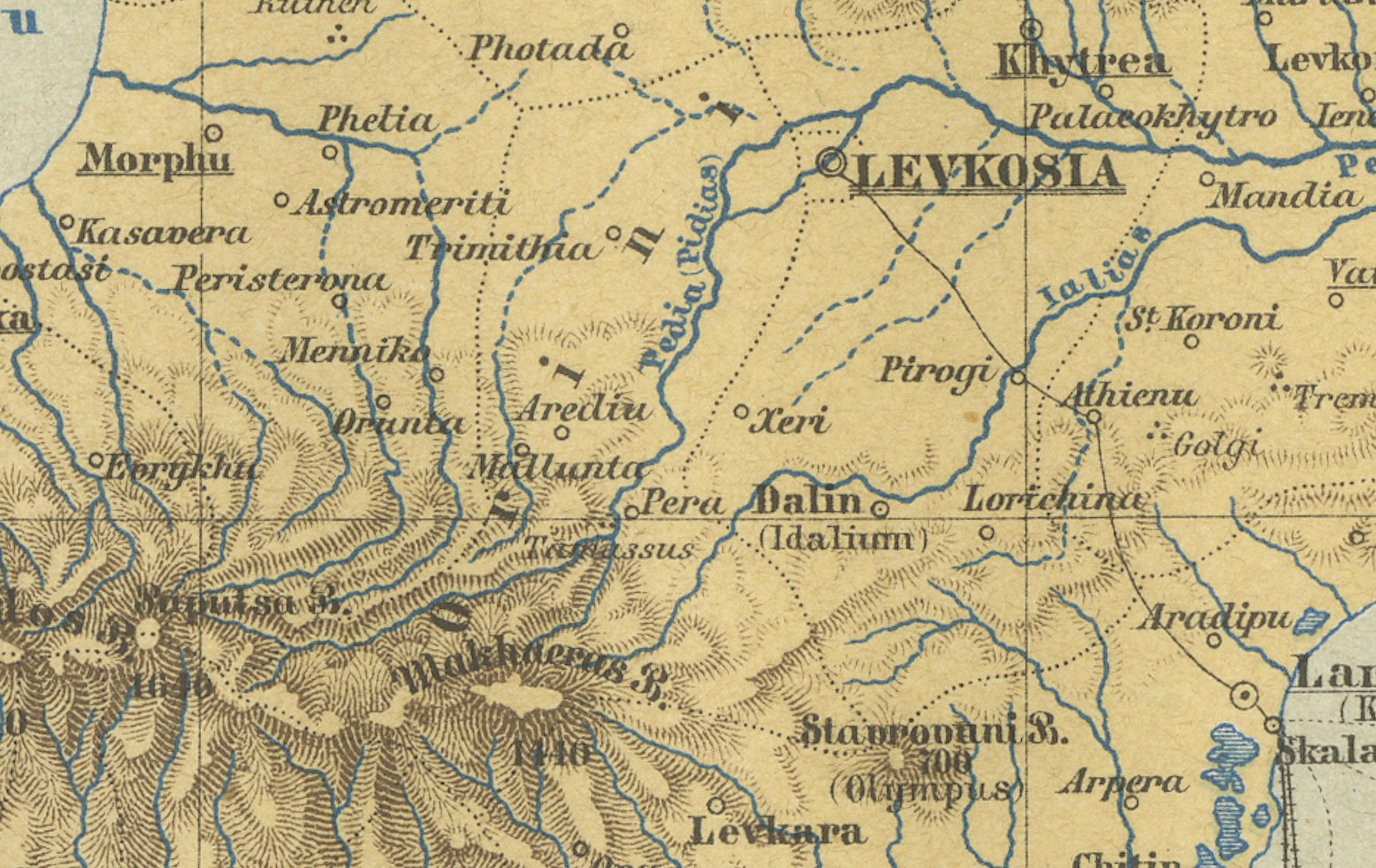 Mapa antiguo de Chipre (Cypern) del Lexikon de Meyer, Leipzig, hacia 1890 en Bueno estado para la venta en Langweer, NL
