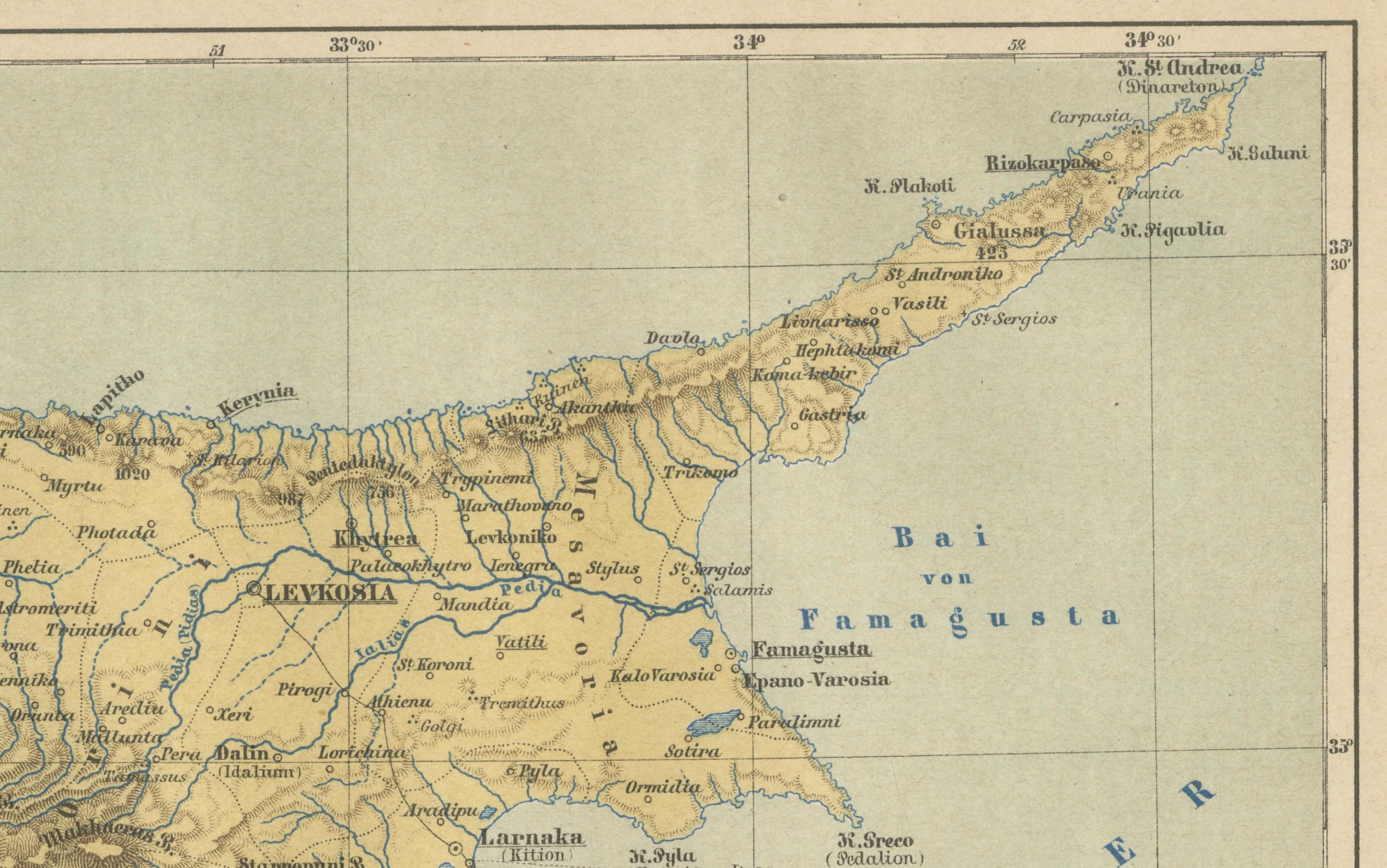 Mapa antiguo de Chipre (Cypern) del Lexikon de Meyer, Leipzig, hacia 1890 Fines del siglo XIX en venta