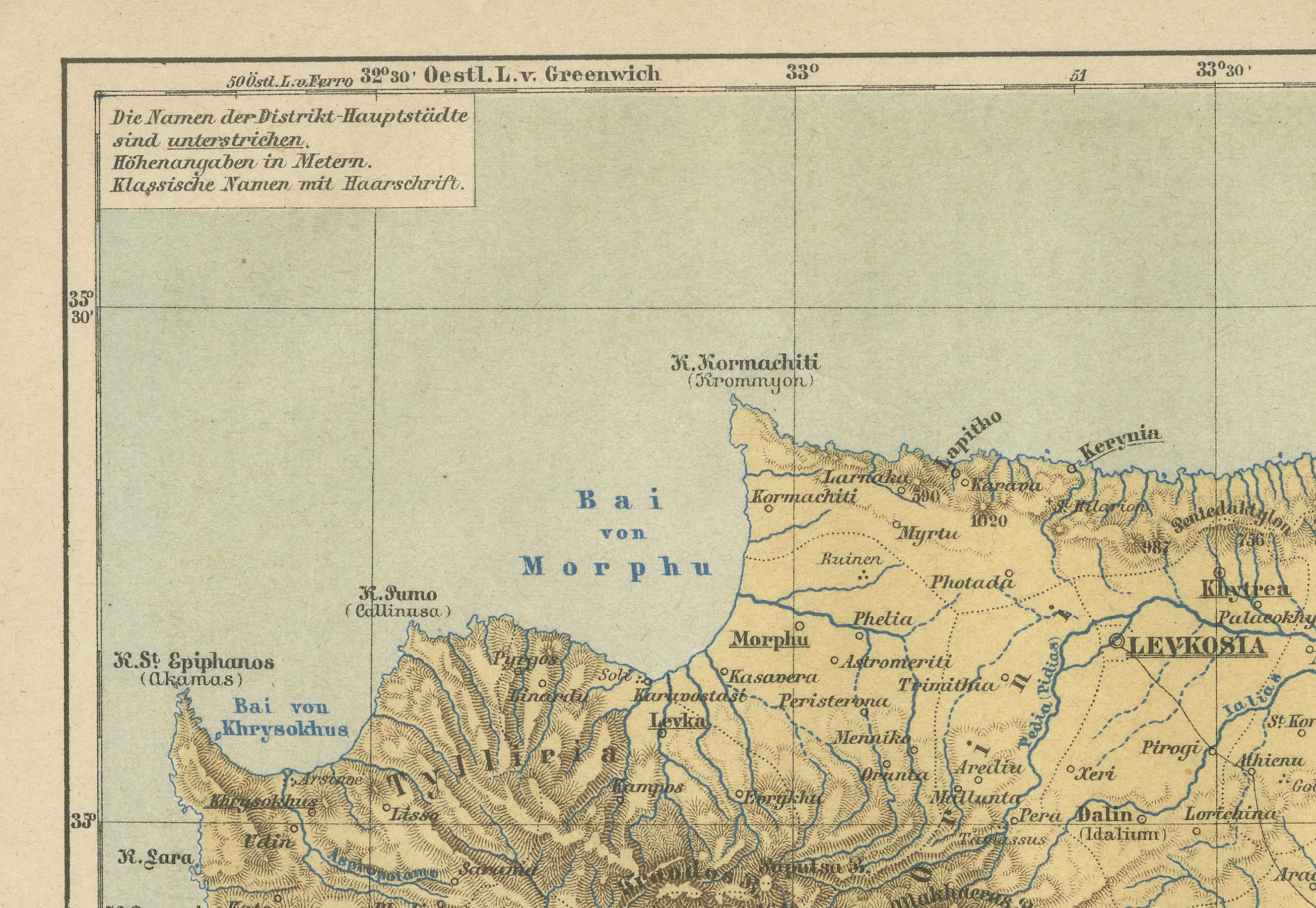 Mapa antiguo de Chipre (Cypern) del Lexikon de Meyer, Leipzig, hacia 1890 Papel en venta