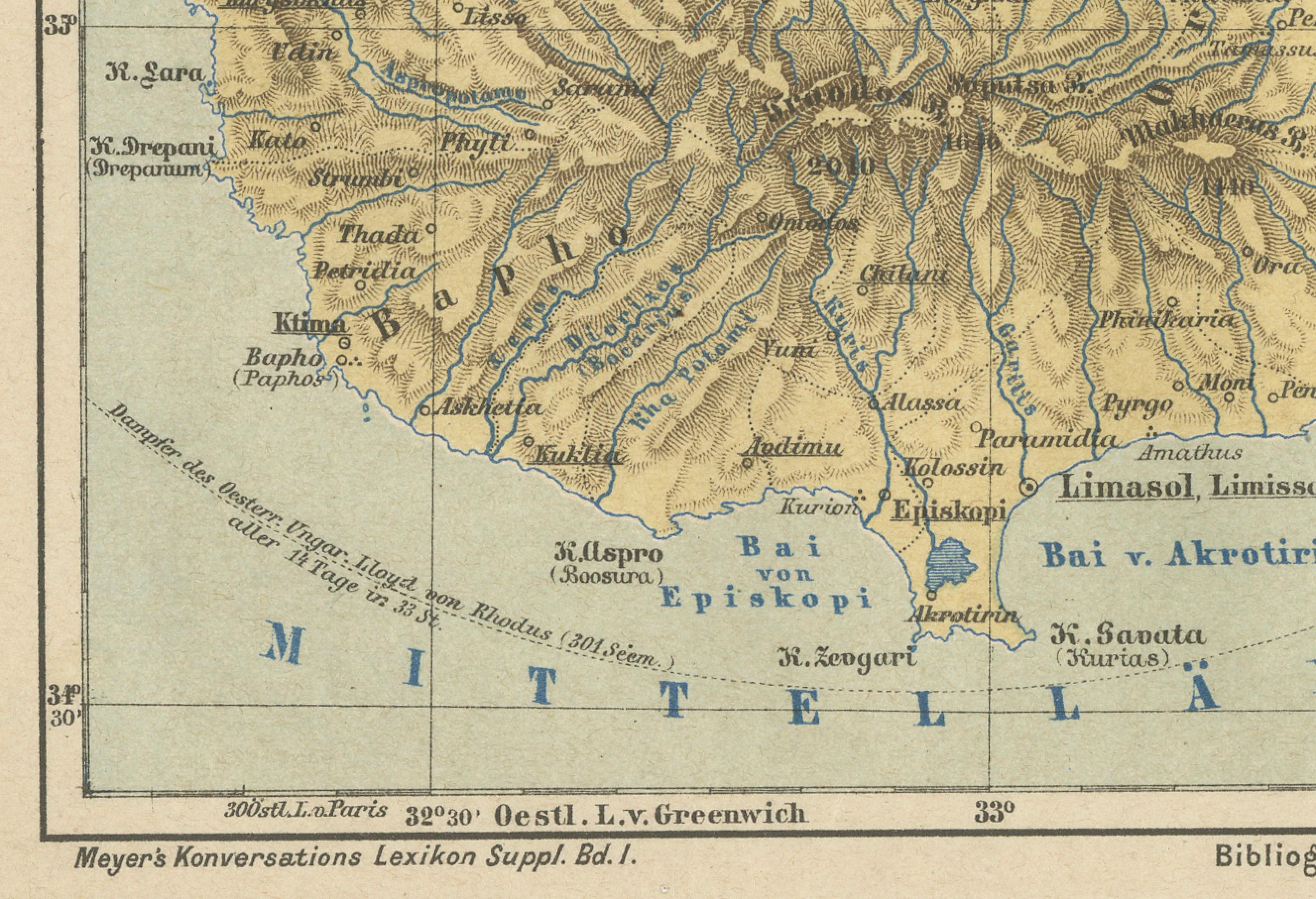 Mapa antiguo de Chipre (Cypern) del Lexikon de Meyer, Leipzig, hacia 1890 en venta 1
