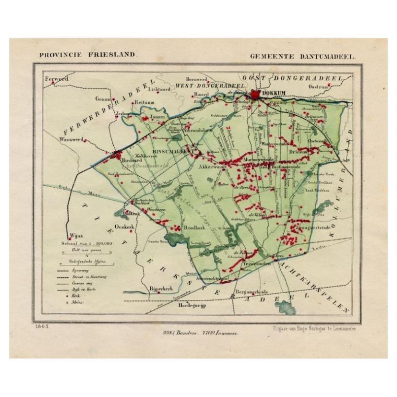 Antique Map of Dantumadeel, Friesland, The Netherlands, 1868 For Sale