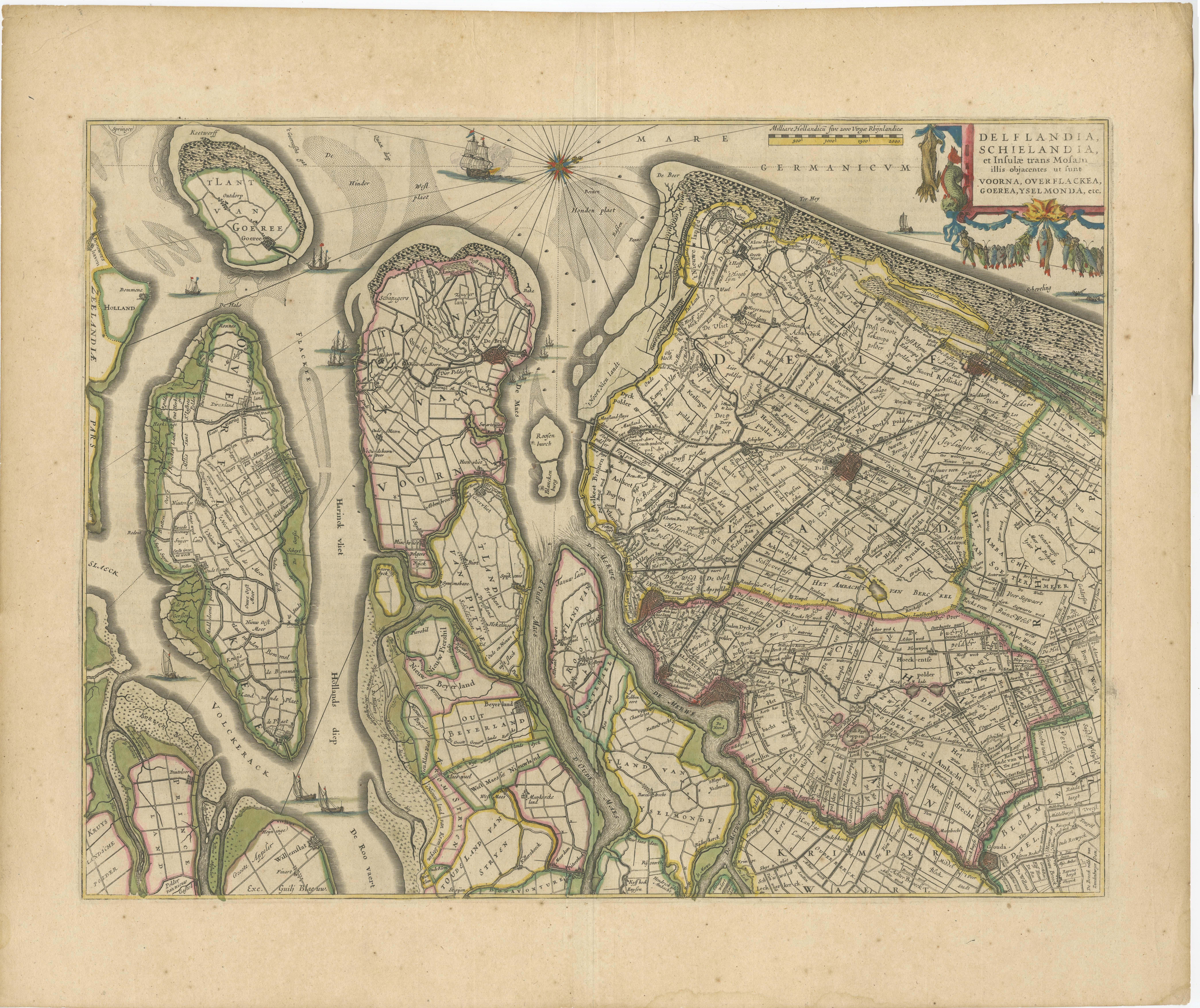 Antique map titled 'Delflandia, Schielandia, et Insulae (..)'. Original antique map of Delfland, Schieland and islands of Zuid-Holland, the Netherlands. The 'Zuid-Hollandse Eilanden' include Rozenburg, IJsselmonde, Goeree, Overflakke and others.