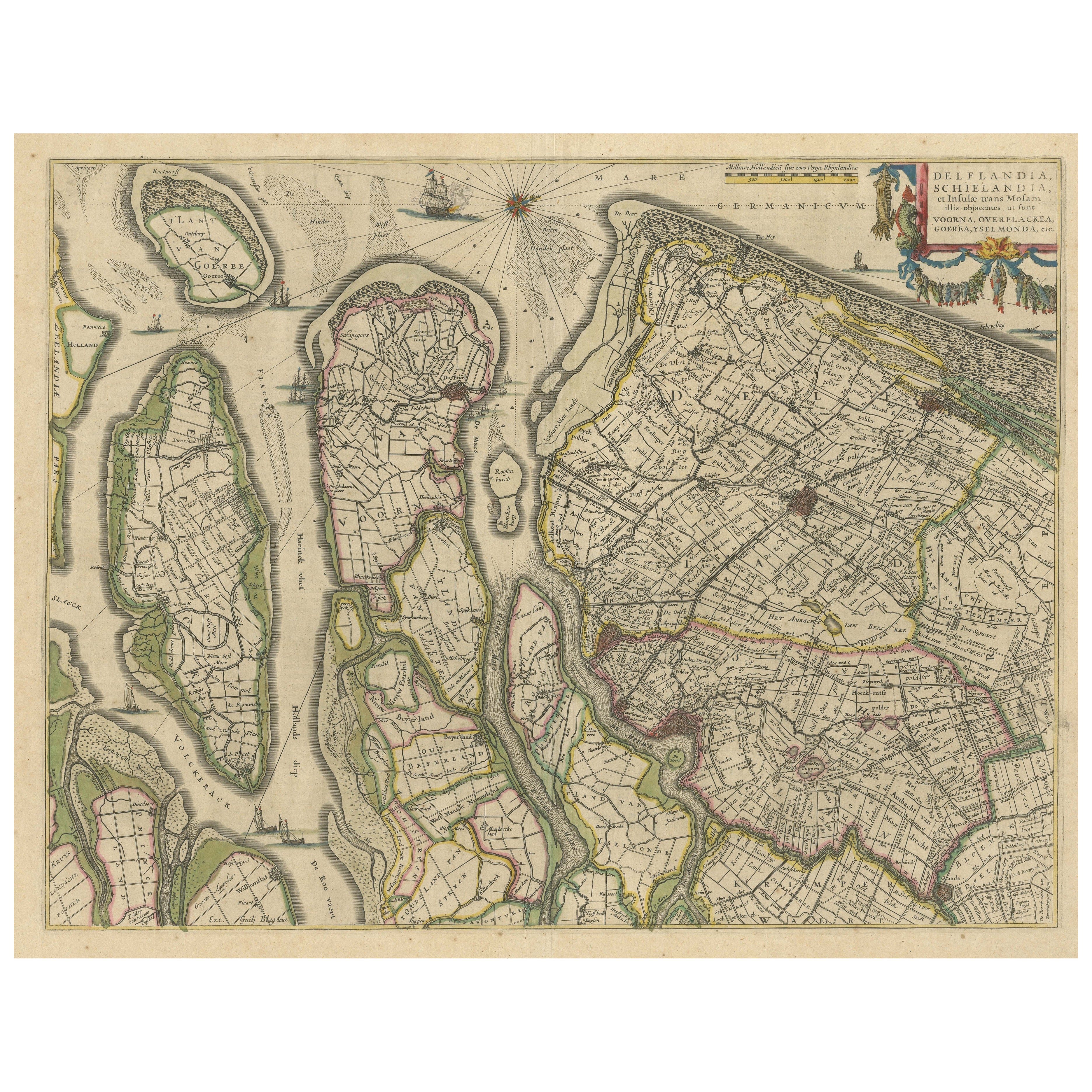 Carte ancienne de Delfland, Schieland et des îles de Zuid- Hollande, Pays-Bas