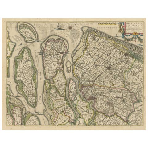 Antique Map of Delfland, Schieland and Islands of Zuid-Holland, the Netherlands