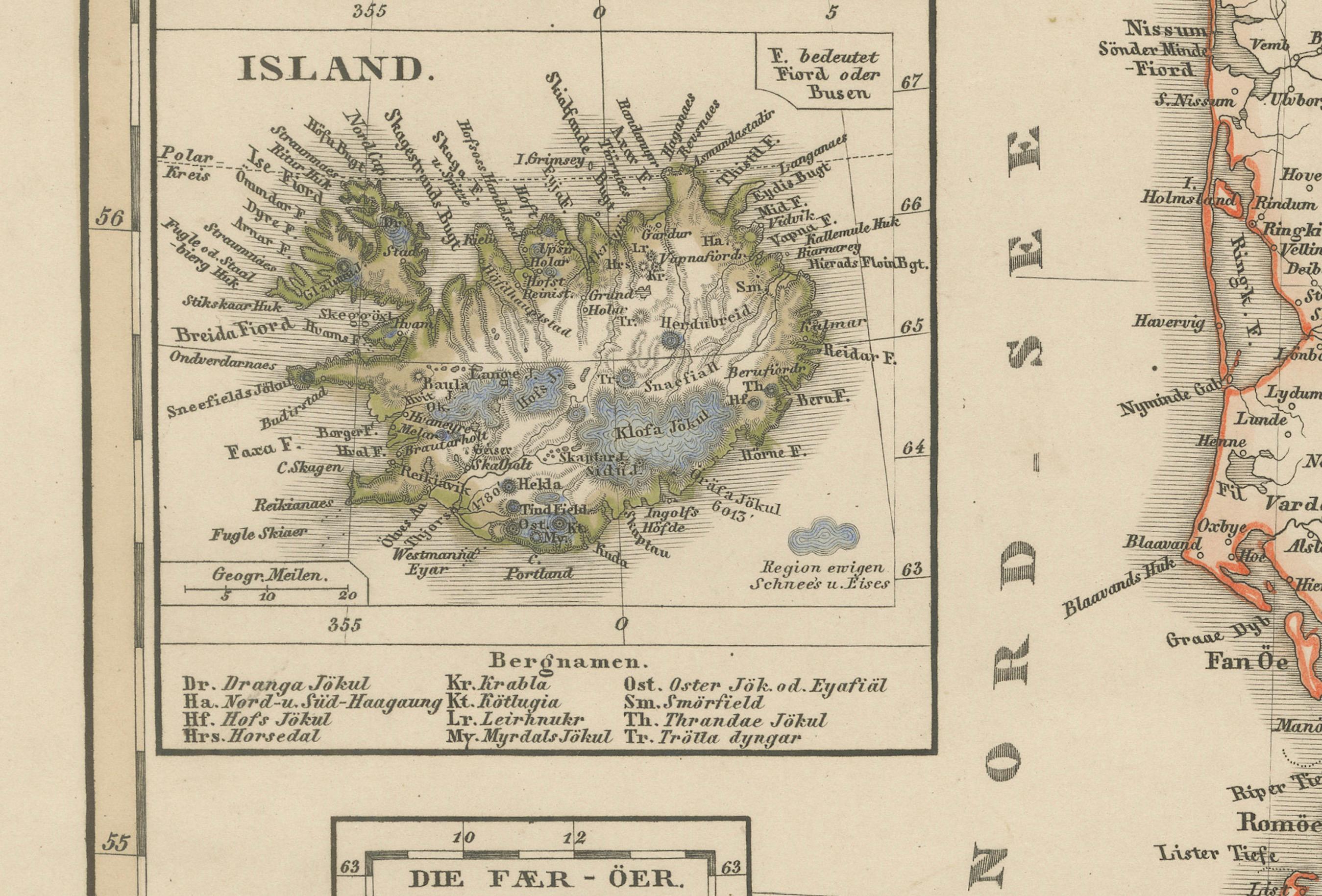19th Century Antique Map of Denmark 1858 – Includes Iceland & Copenhagen Plan For Sale