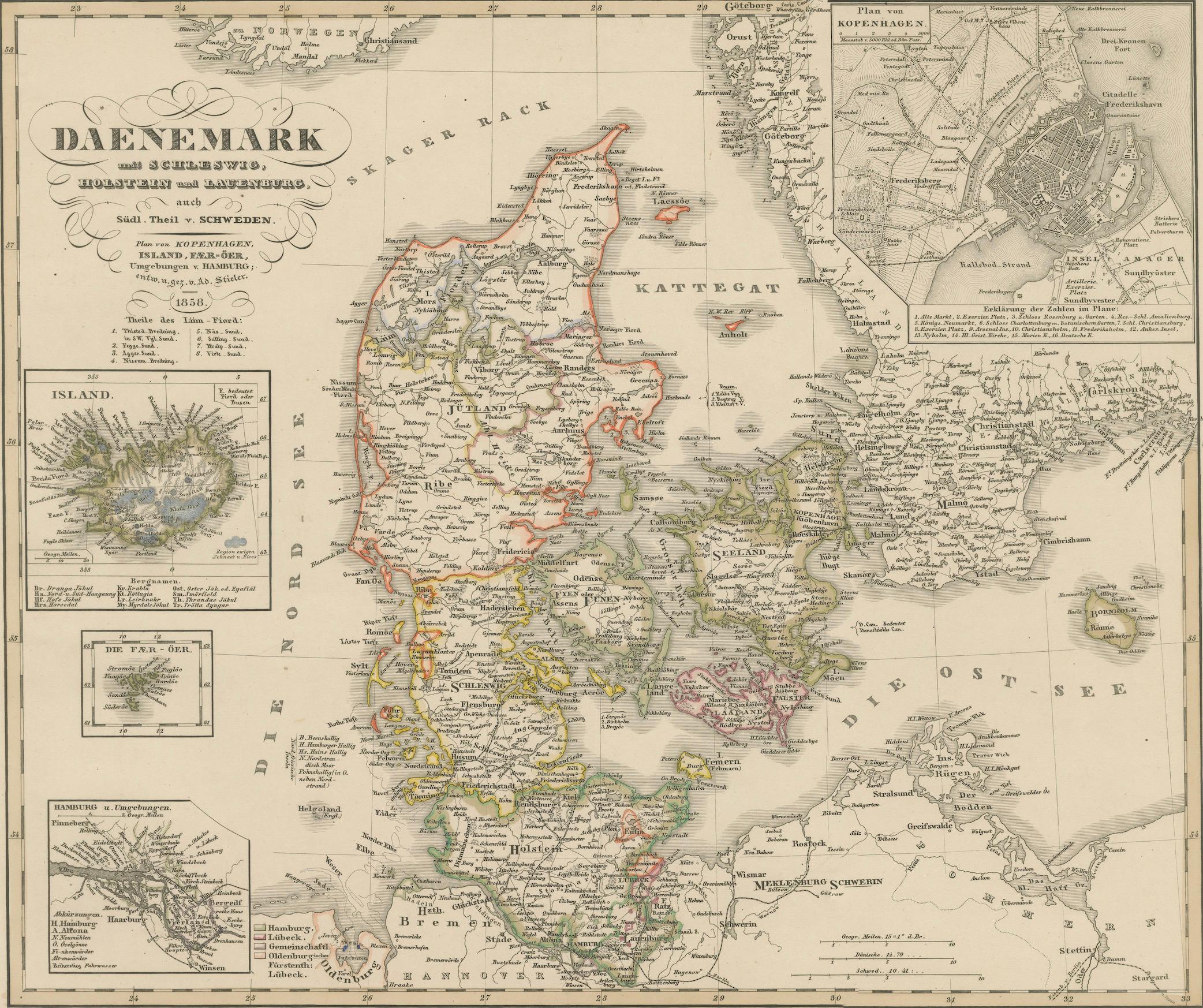 Antique Map of Denmark 1858 – Includes Iceland & Copenhagen Plan For Sale 1