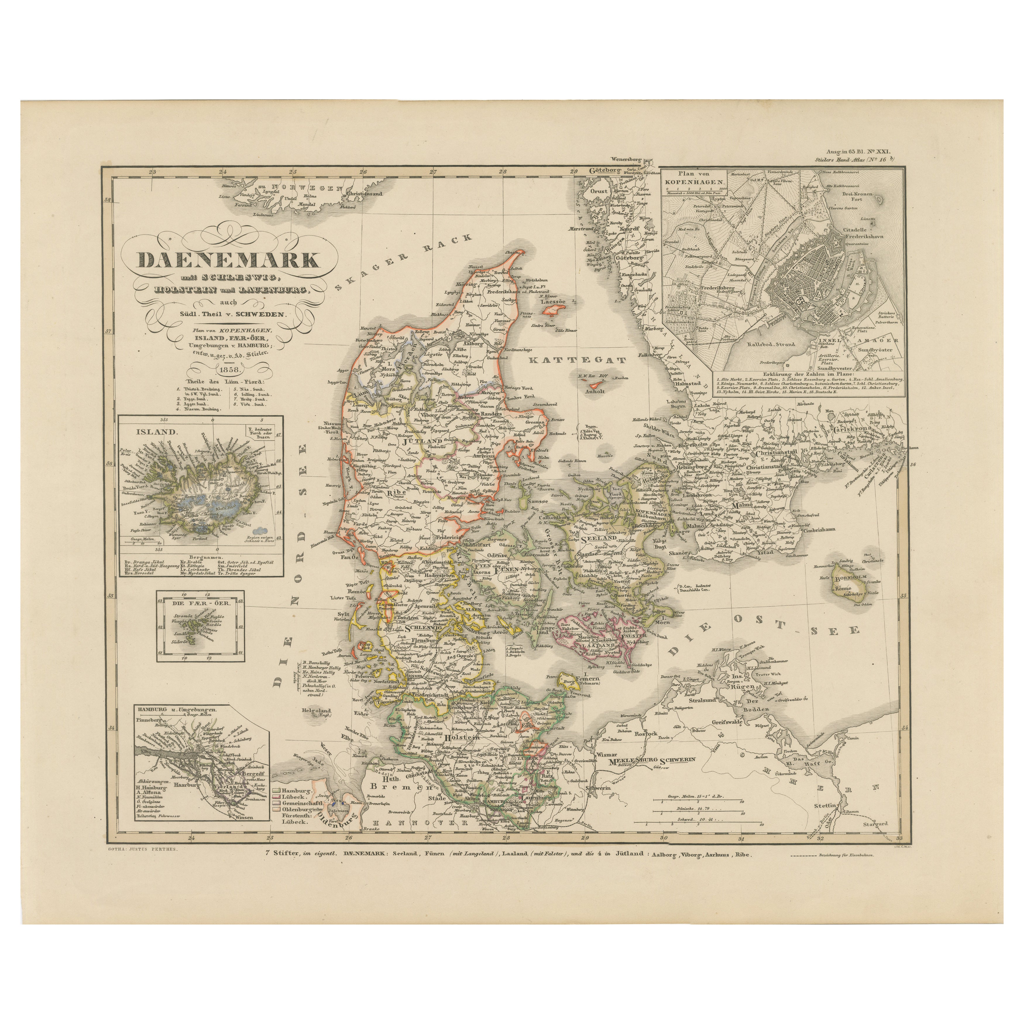Antique Map of Denmark 1858 – Includes Iceland & Copenhagen Plan For Sale