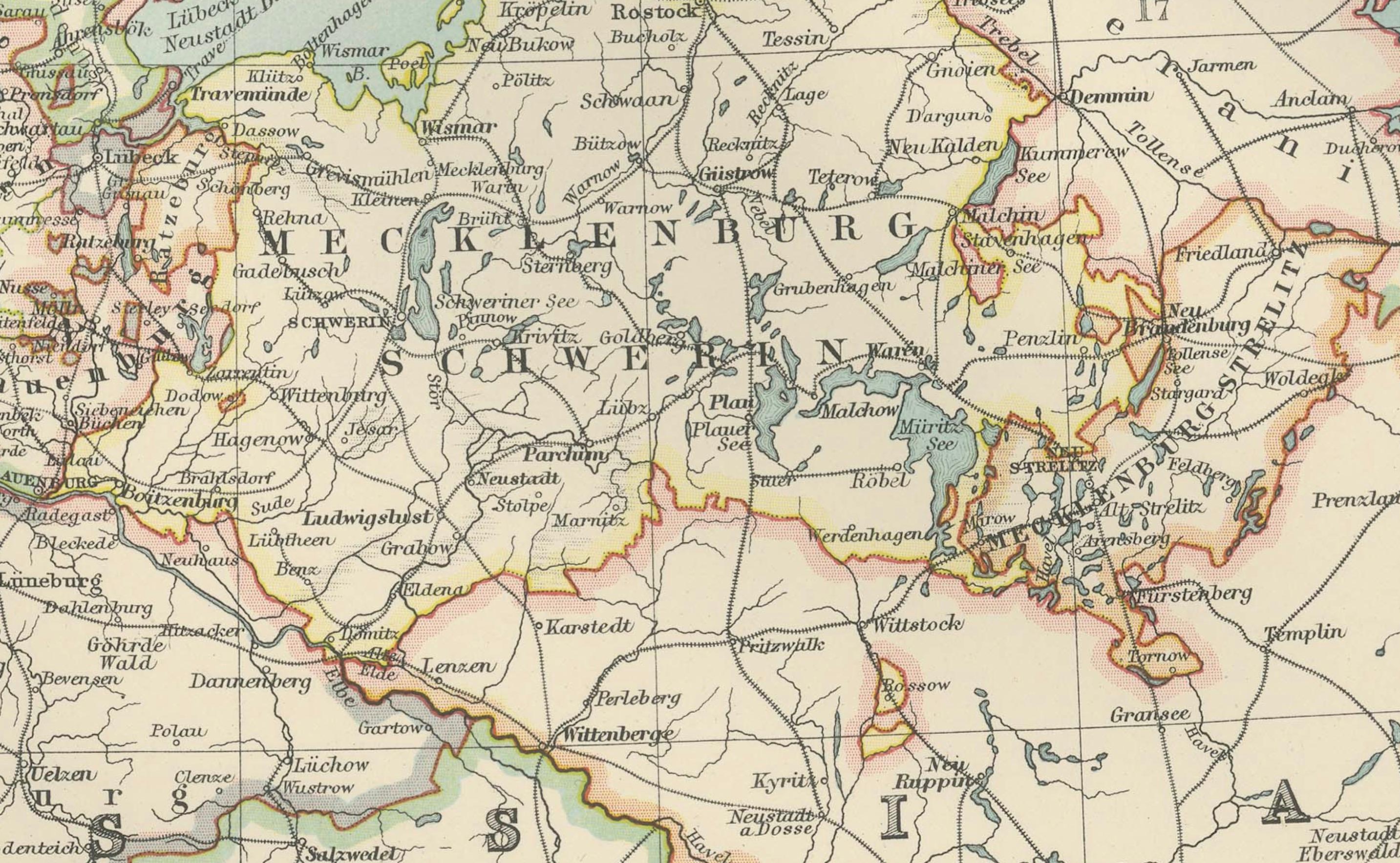 Carte ancienne du Danemark et des régions de l'Empire allemand, 1903, complexe et colorée Bon état - En vente à Langweer, NL