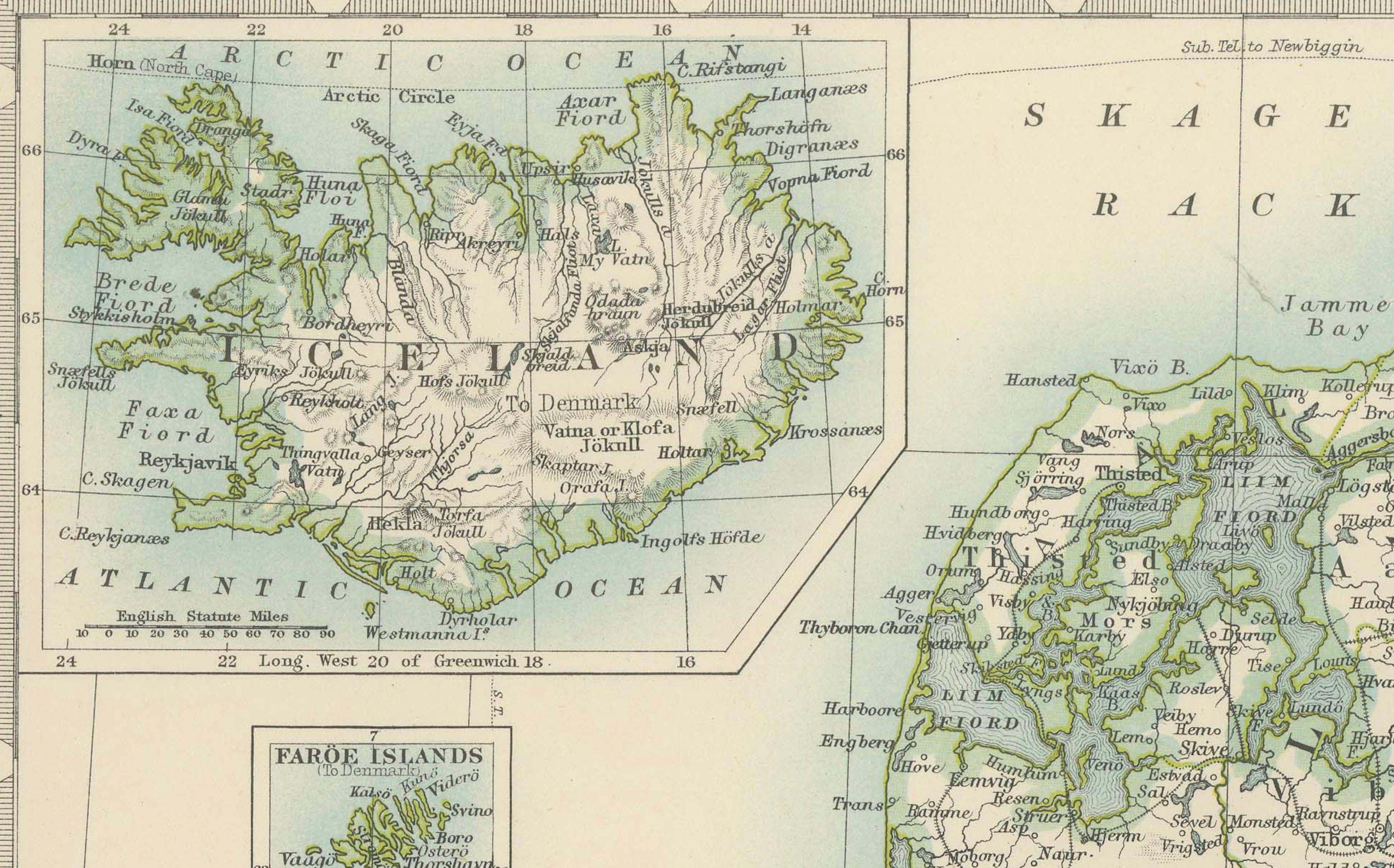 Carte ancienne du Danemark et des régions de l'Empire allemand, 1903, complexe et colorée en vente 1