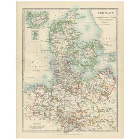Antique Map of Denmark and German Empire Regions, 1903, Intricate and Colorful