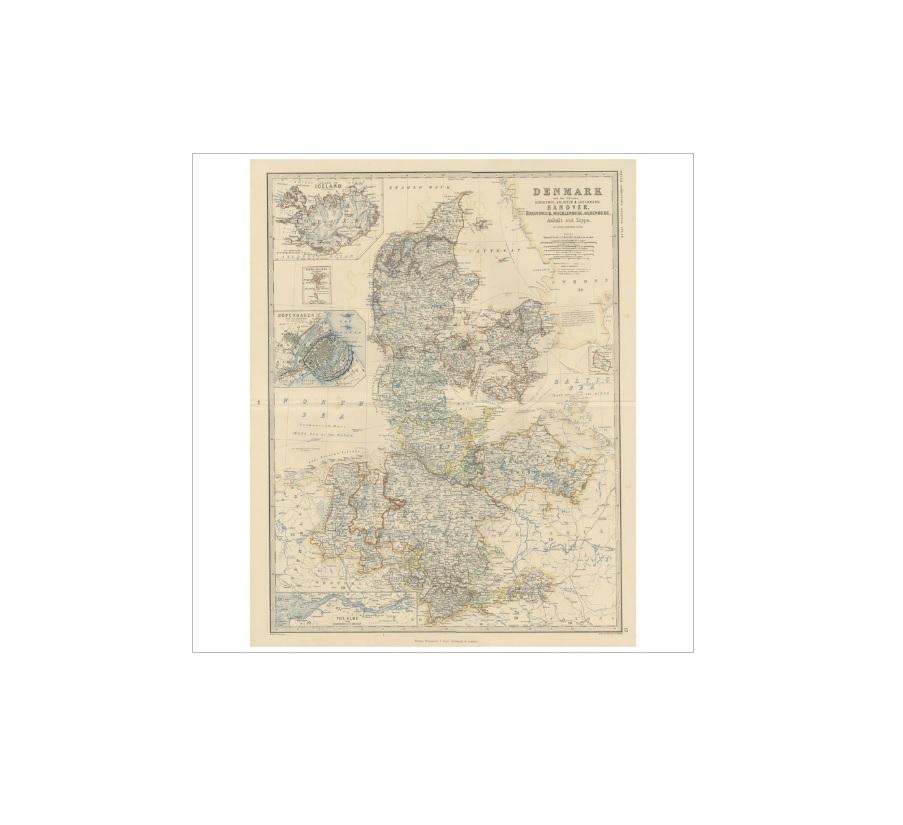Antique map titled 'Denmark and the Duchies Schleswig, Holstein & Lauenburg; Hanover, Brunswick, Mecklenburg, Oldenburg, Anhalt and Lippe'. With an inset map of Iceland, Copenhagen and the Elbe. This map originates from the ‘Royal Atlas of Modern