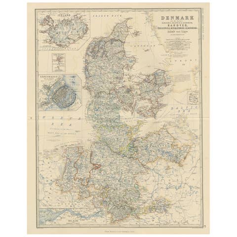 Denmark & Schleswig-Holstein Map with Copenhagen & Iceland Insets – 1865 Atlas