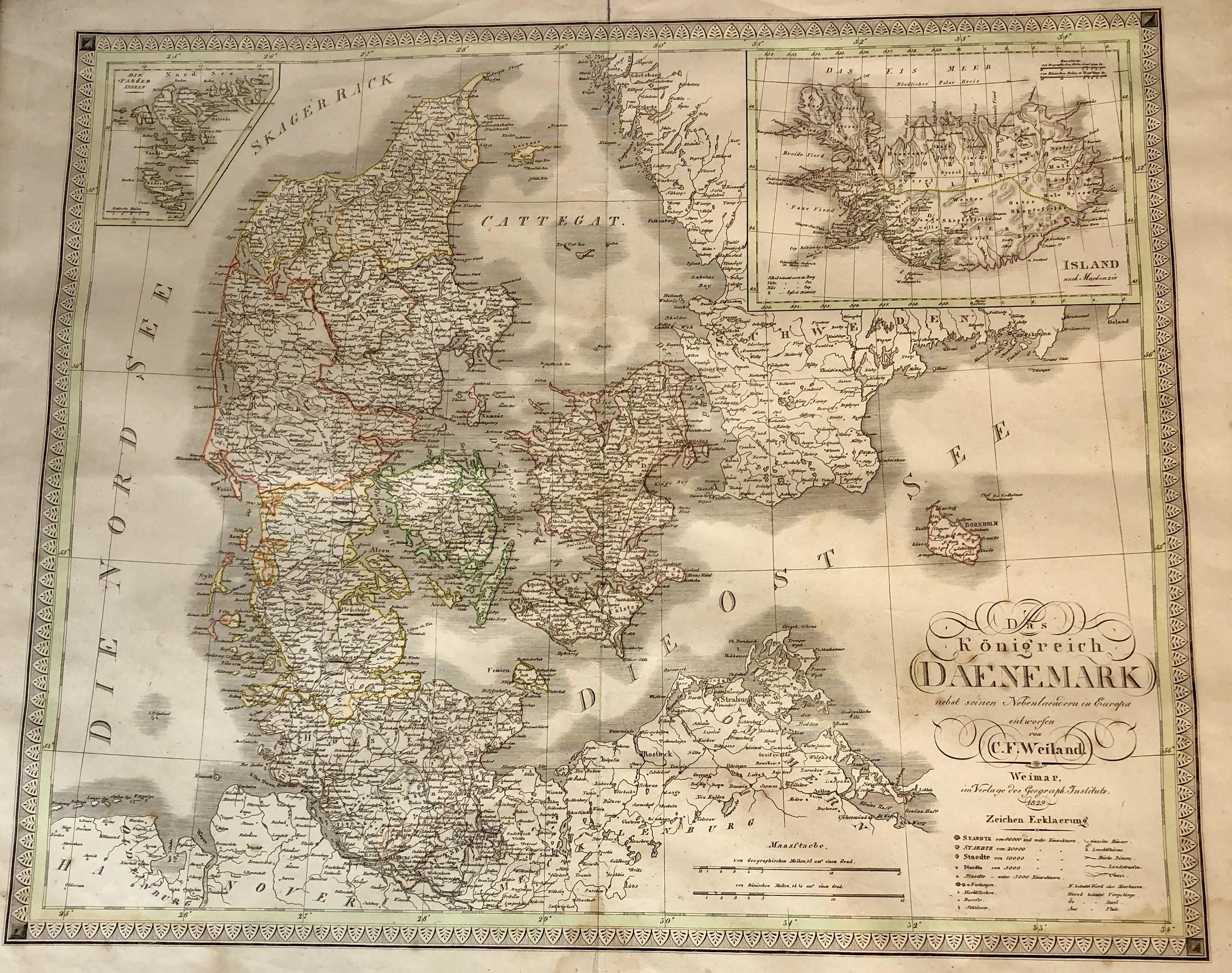 Antique map of Denmark in a black wooden frame and glass screen.
Made by German C. F. Weiland, Weimar in 1829.