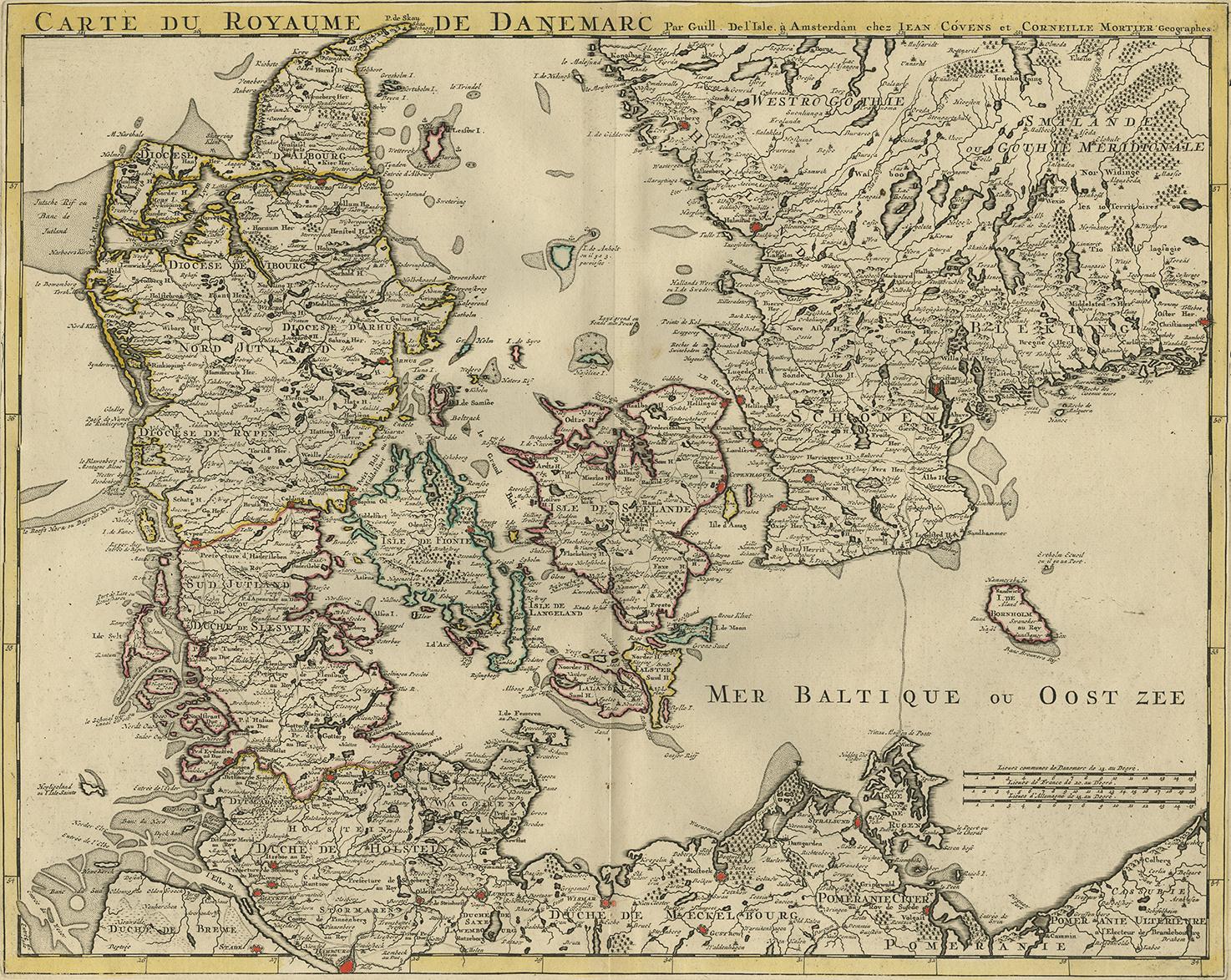 Antique Map of Denmark from: 'Atlas Nouveau ... Par Guillaume de l'Isle' Amsterdam, Covens & Mortier, 1730.